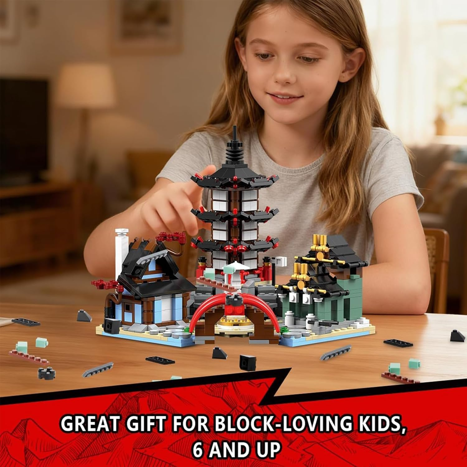 QLT QIAOLETONG MOC Temple Building Kit, Ninja Warrior Temple, Samurai Pagoda, Bridge and House, Compatible with  (692 Pieces) image number 4