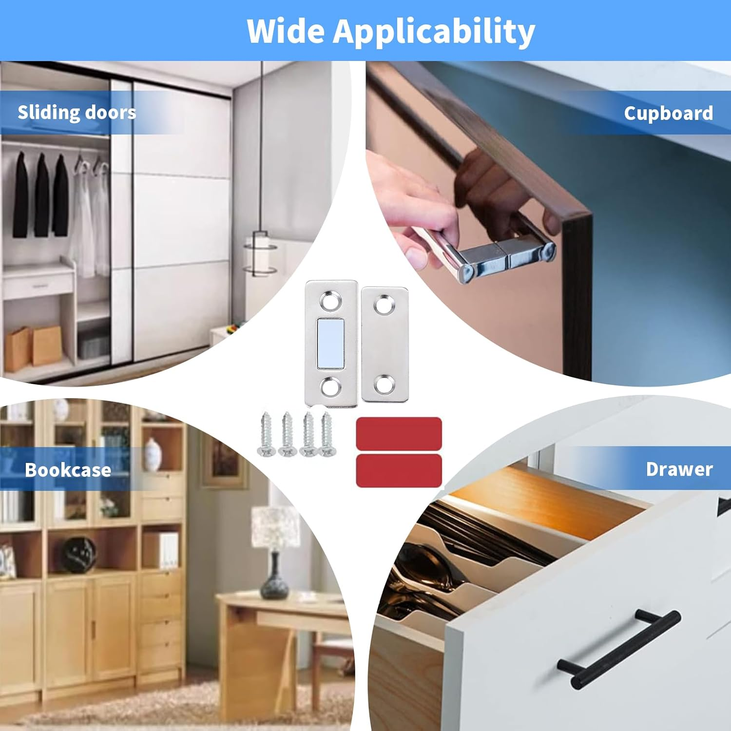 16 Pack Strong Magnetic Door Catch with 64PCS Screws & 32PCS Self-Adhesive, Ultra Thin Invisible Door Catch for Kitchen Cabinet Shower Doors Catch, Drawers Latch, Cupboard Closet Door Closer (Silver) image number 5