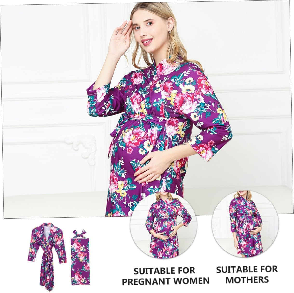 FOMIYES 3Pcs Maternity Robe for Women with Blanket and Headband Breathable Nursing Nightgown with Elegant Floral Print Comfortable Loose Fit Sleepwear for Postpartum and Pregnancy S image number 1