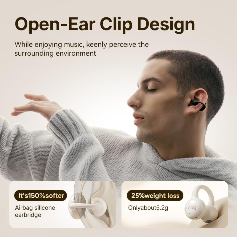 Sanag Z60S Open Ear Free Clip on Headphones, True Wireless Bluetooth Earbuds, IPX4 Waterproof OWS Earphones, Noise Cancelling Calls, 50H Playtime for Workout Sport Running (Green)