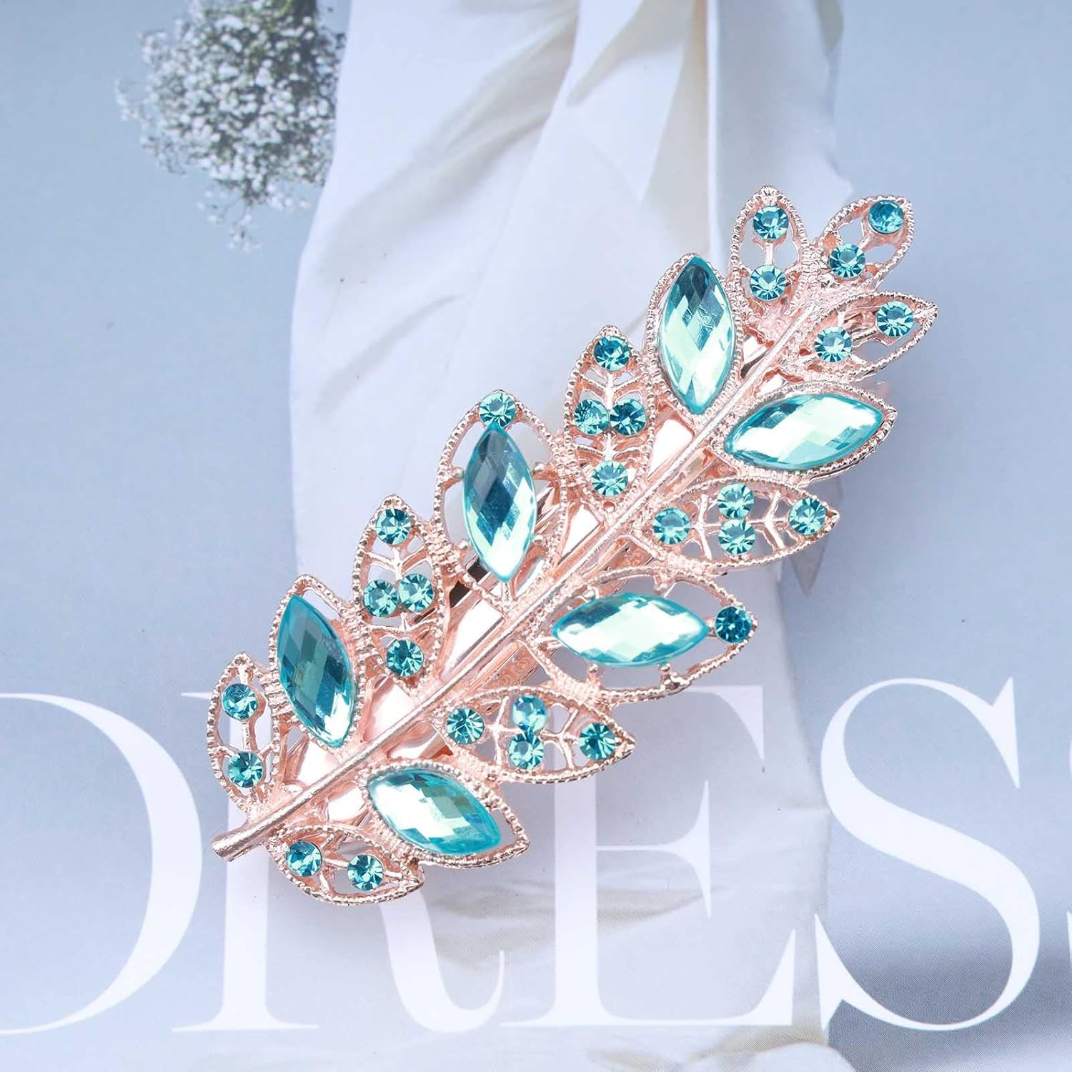 Wendalern Wedding Rhinestone Hair Clips Blue Leaf Hair Clip Crystal Hair Clips Headwear Gold CZ Leaf Hairpiece Decorative Hair Accessories for Women and Girls image number 1