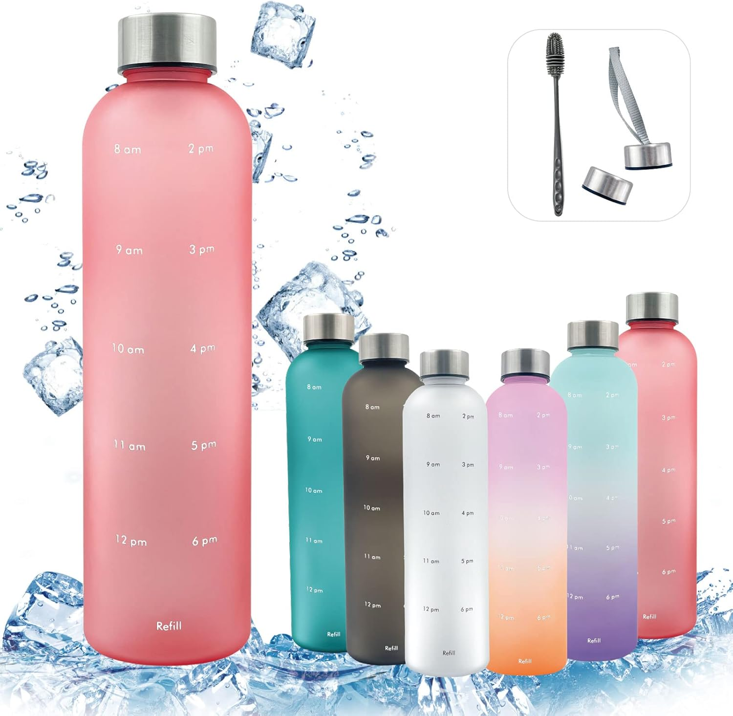 Lightweight Water Bottle Water Bottle 1000Ml with Time Marker Transparent Mint Motivational Measuring Time and Volume BPA Free Frosted Plastic Screw-In Stainless Steel Lid for Gym, Sports