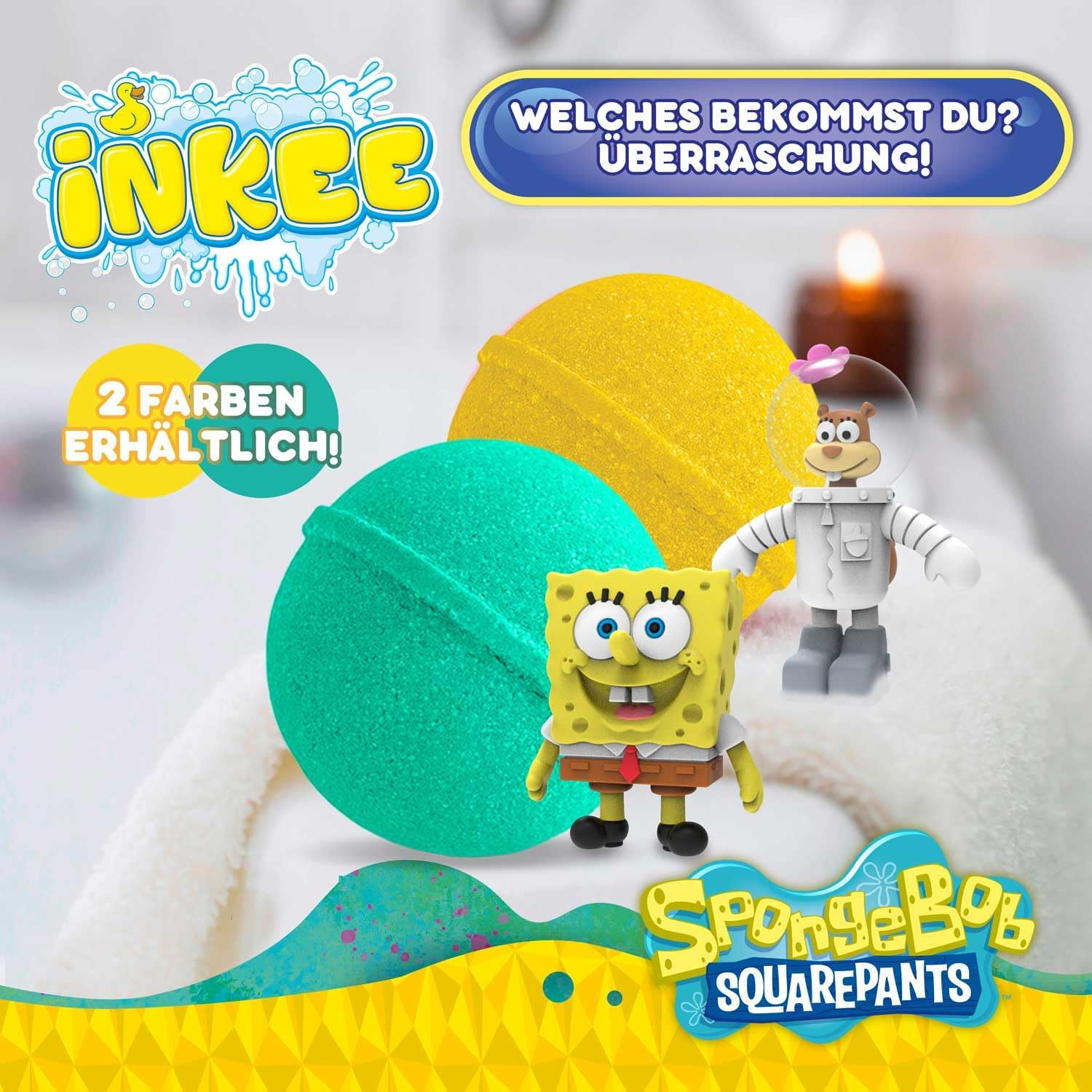 INKEE Spongebob - Bath Bomb Children with Surprise - Spongebob Squarepants Figures to Collect - Bath Ball 80 G with Burger Rubber Aroma and Jojoba Oil, Turquoise or Yellow