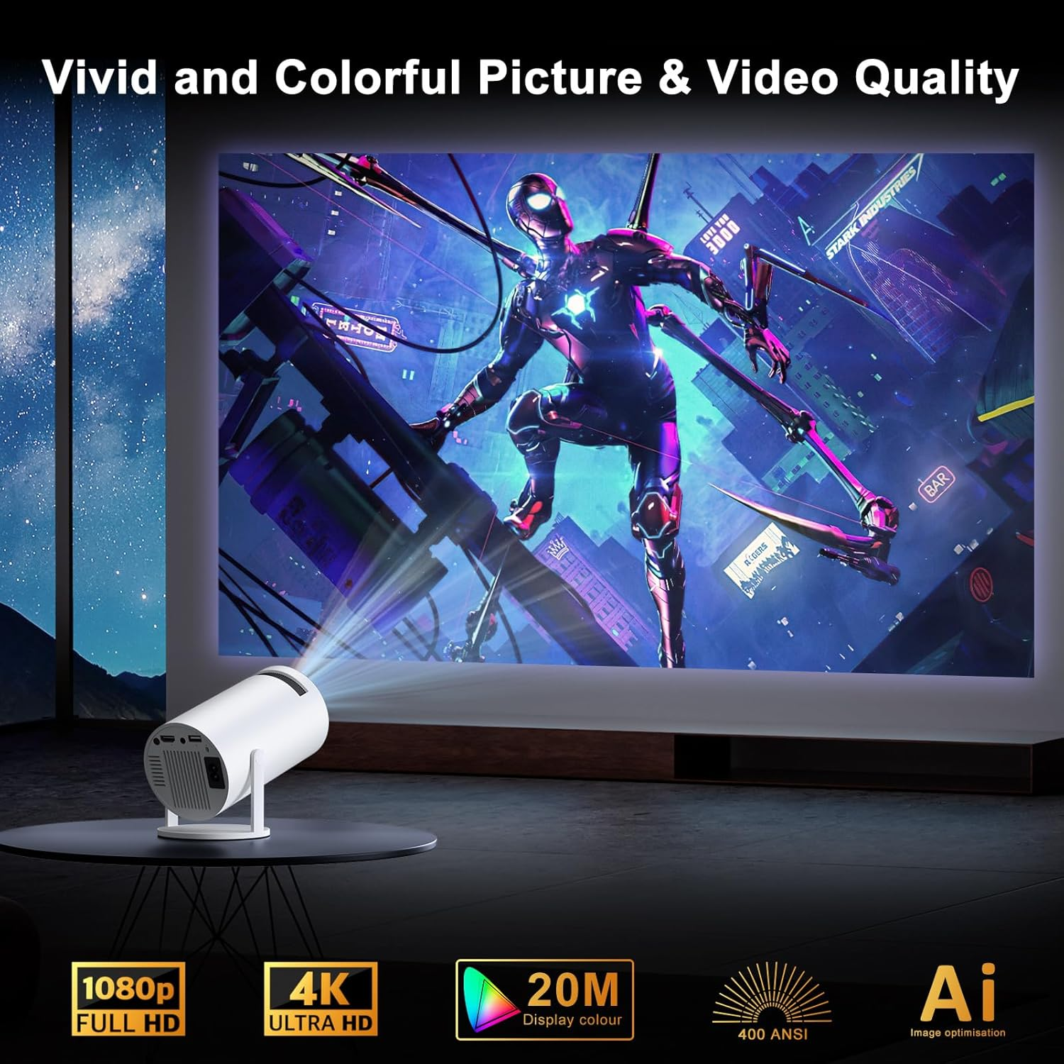 UWECAN Mini Projector Supports 4K 1080P, Smart Projector with Auto Focus and Auto Keystone Correction, Portable Projector with Wifi and Bluetooth, 180&deg; Rotatable Outdoor/Home Movie Projector image number 5