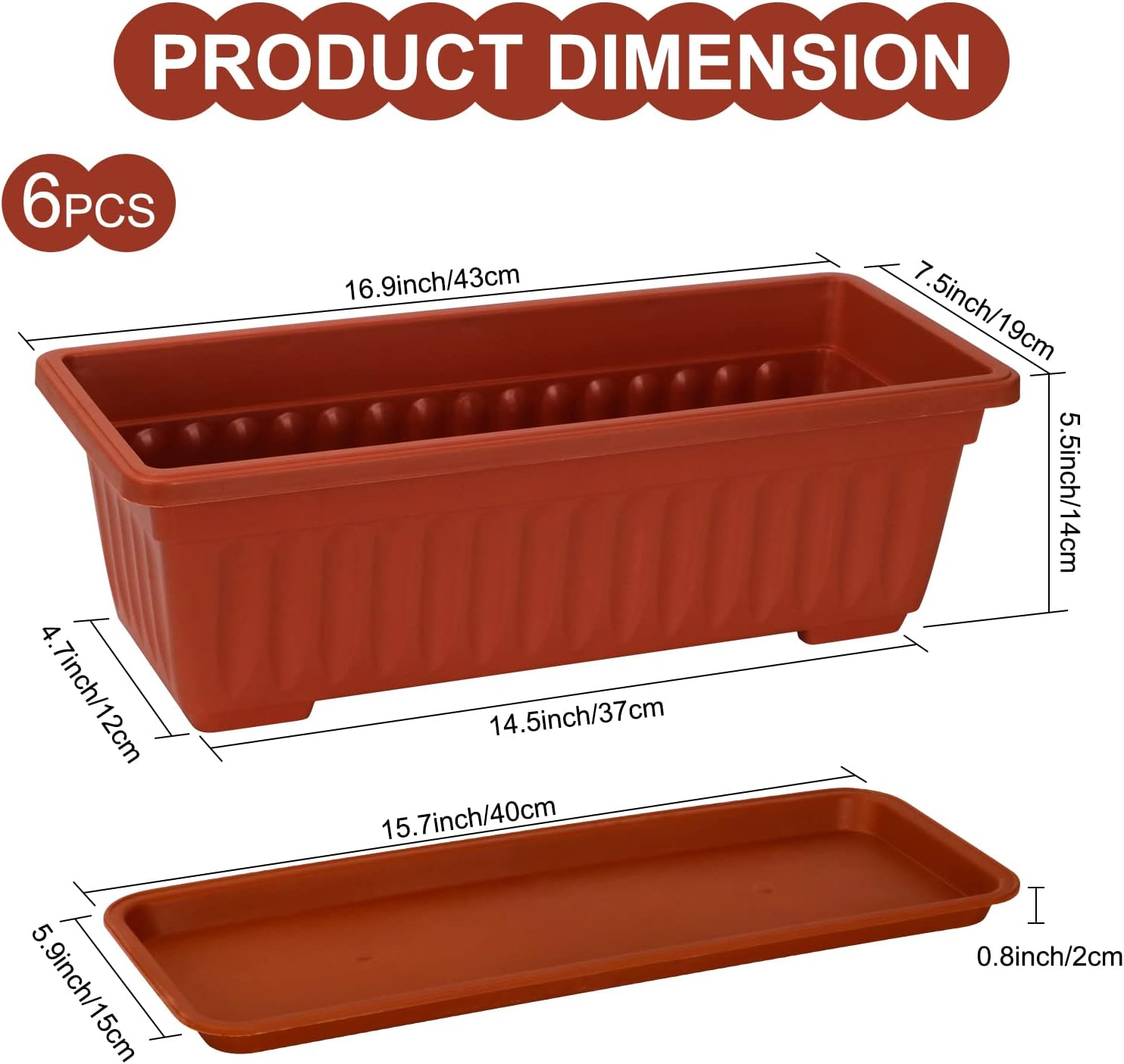 6 Packs Window Box Planter, 17 Inches Flower Window Box Rectangular Plastic Vegetable Planters with Trays for Windowsill, Patio, Garden, Balcony, Brick Red