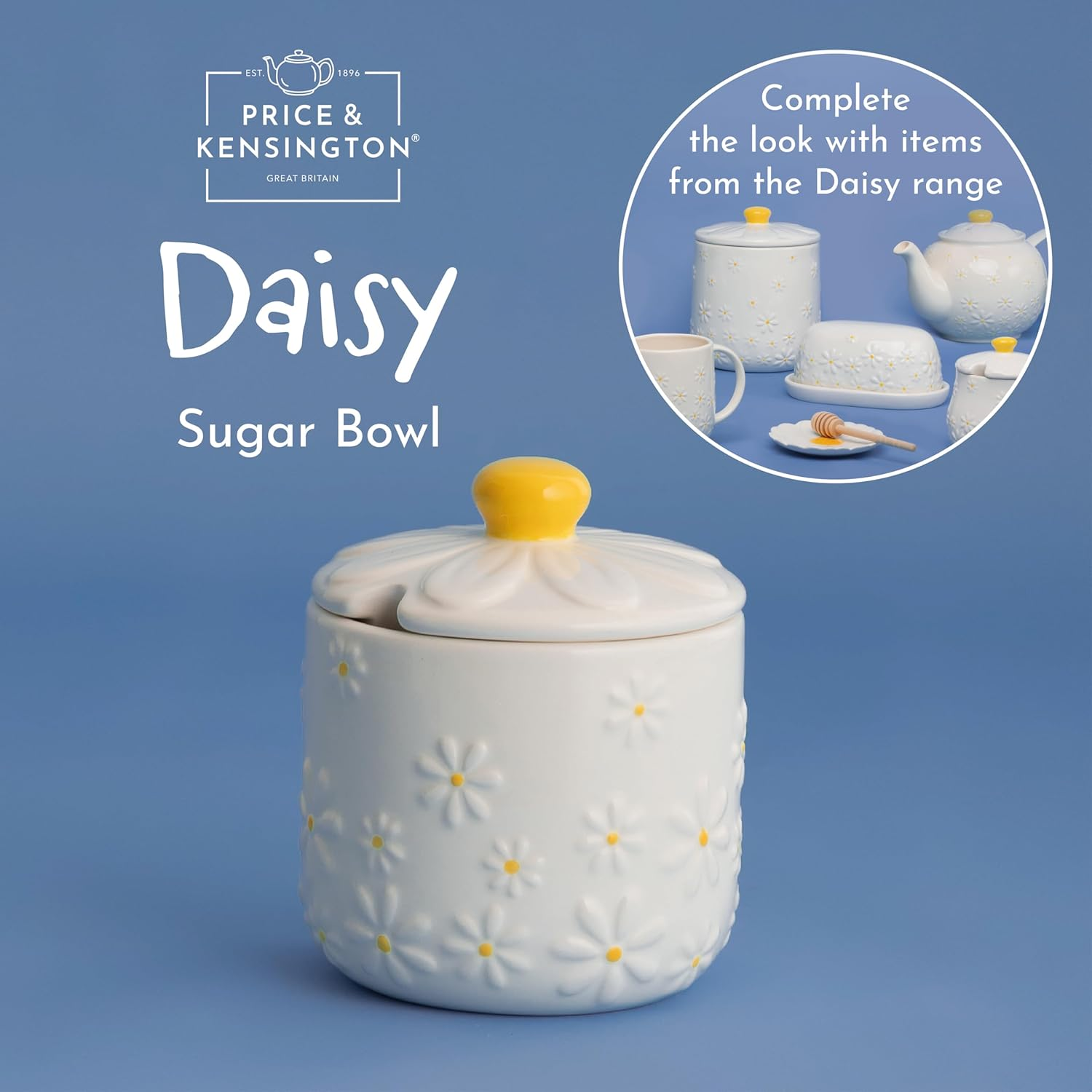 Price & Kensington Daisy Sugar Bowl | Ceramic Sugar Bowl with Embossed Daisy 3D Lid | Hand-Painted Yellow Handle | Cream Glaze | Kitchen Storage Bowl image number 6