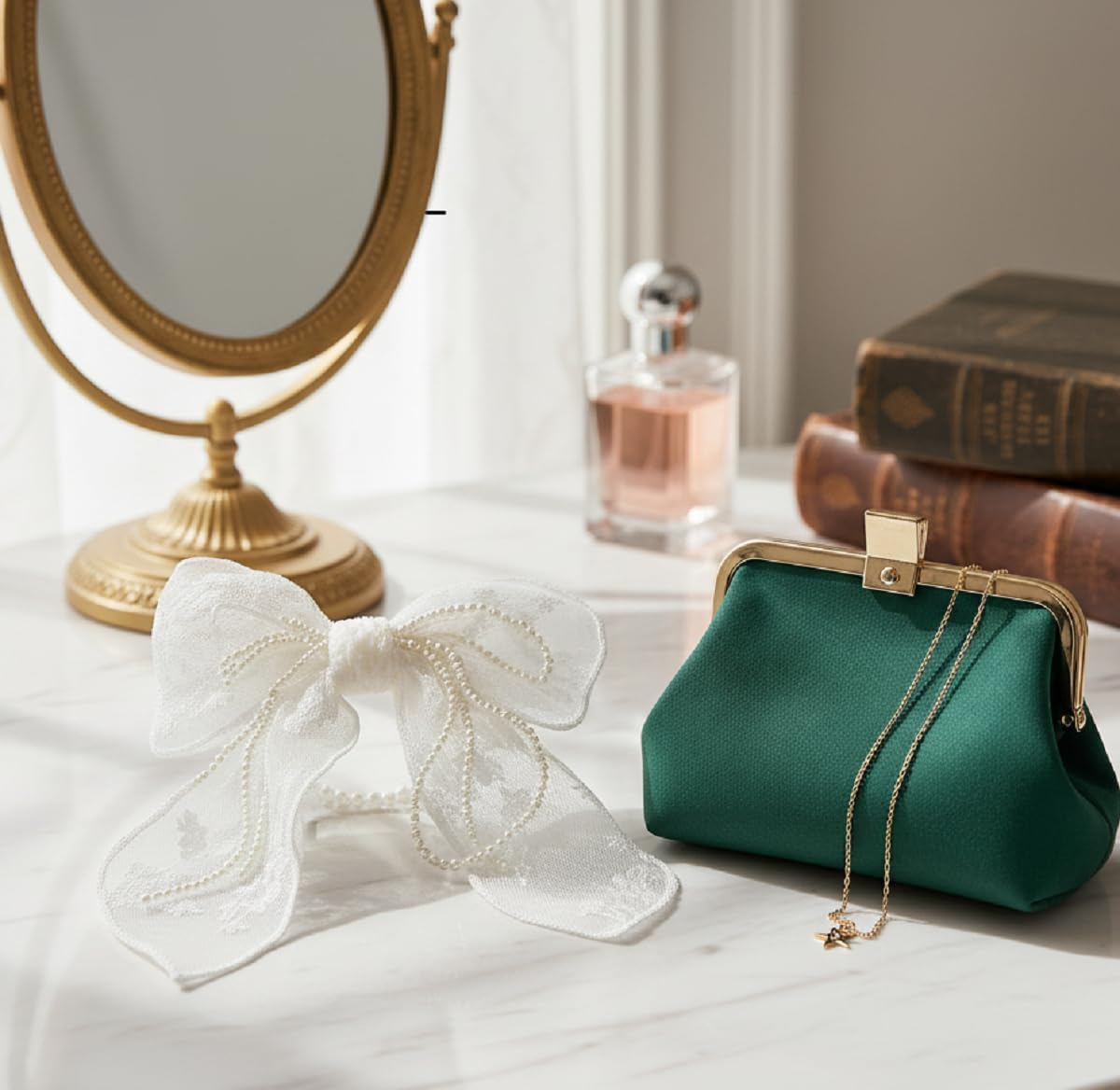 LIVSY Elegant Lace Bow Hair Clip for Women & Girls &ndash; Vintage Black Tie Hair Accessory, Large Barrette with Pearl Ribbon | Stylish Hair Clips, Hair Ties & Claw Clip Alternative - White image number 2