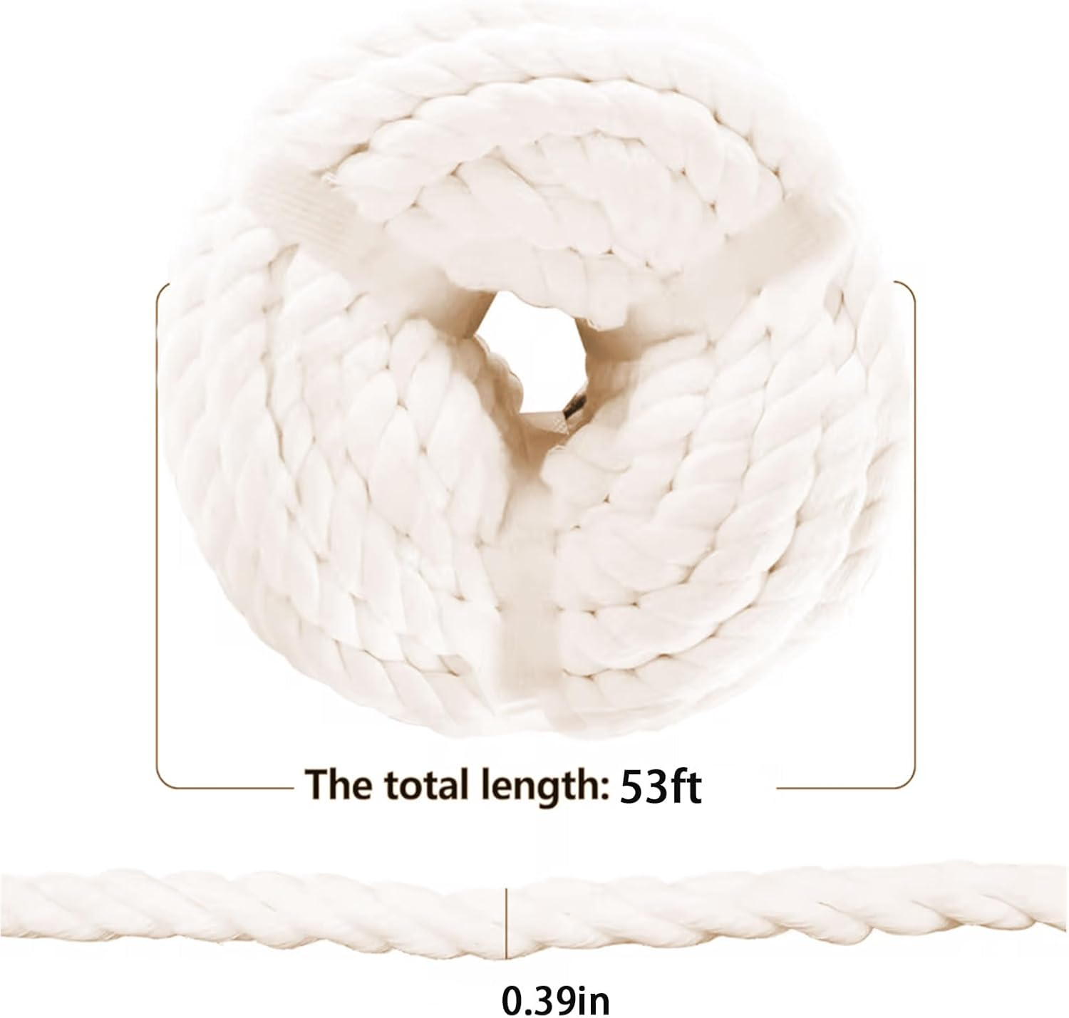 MYTOAU Natural Cotton Rope 0.39 Inch X 53FT, 3 Strand Twisted Cotton Cord, Unbleached Cotton Cord Macrame Rope for Crafts, Sporting, Decorating, Railings, Home Decor and Etc (White) image number 1