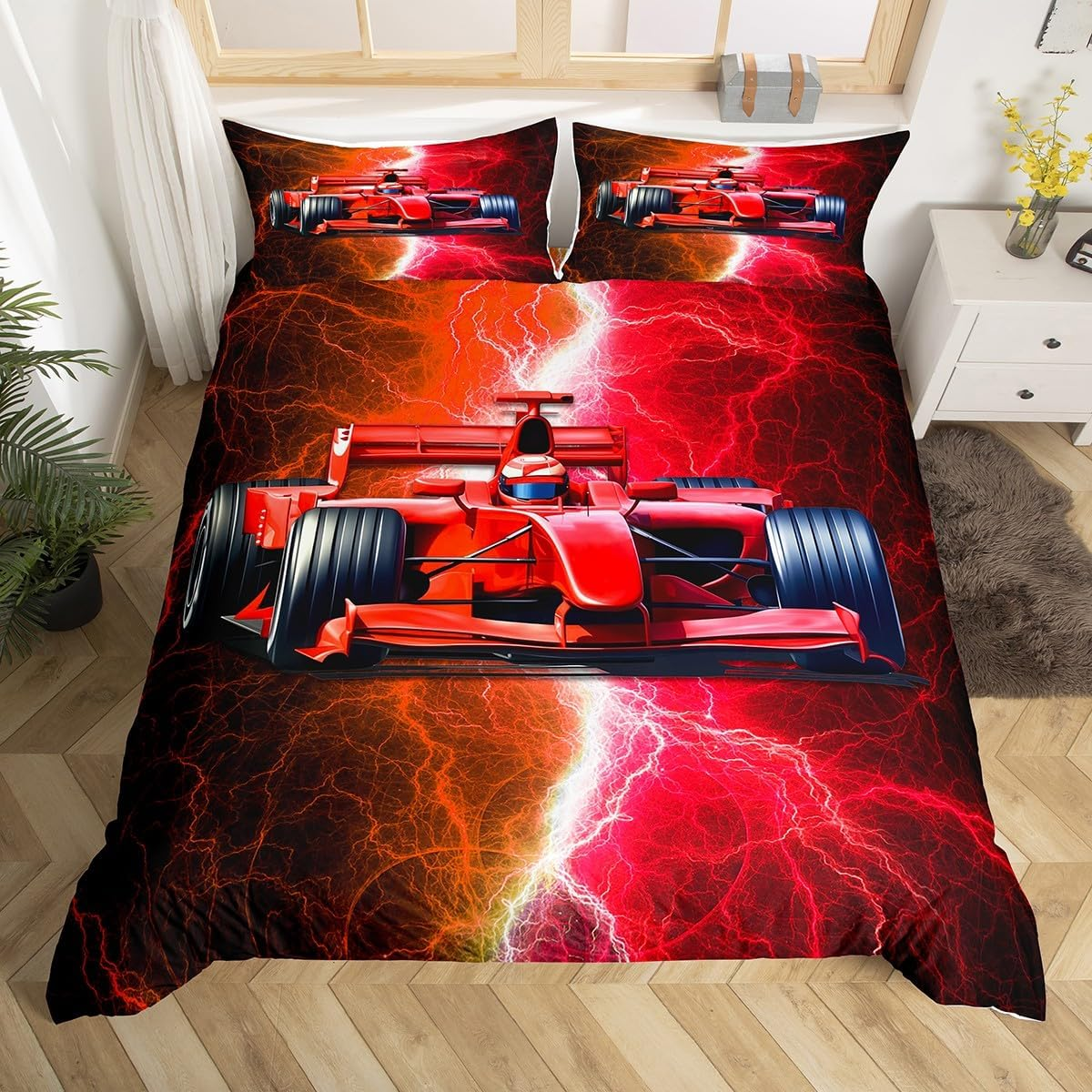 Racing Car Duvet Cover 155 X 220 Cm for Boys, Red Orange Racing Car Bedding Set for Men Women, Racecar Cars Bed Set Lightning Modern Duvet Cover with 1 Pillowcase Bedroom Decor (No Comforter) image number 3