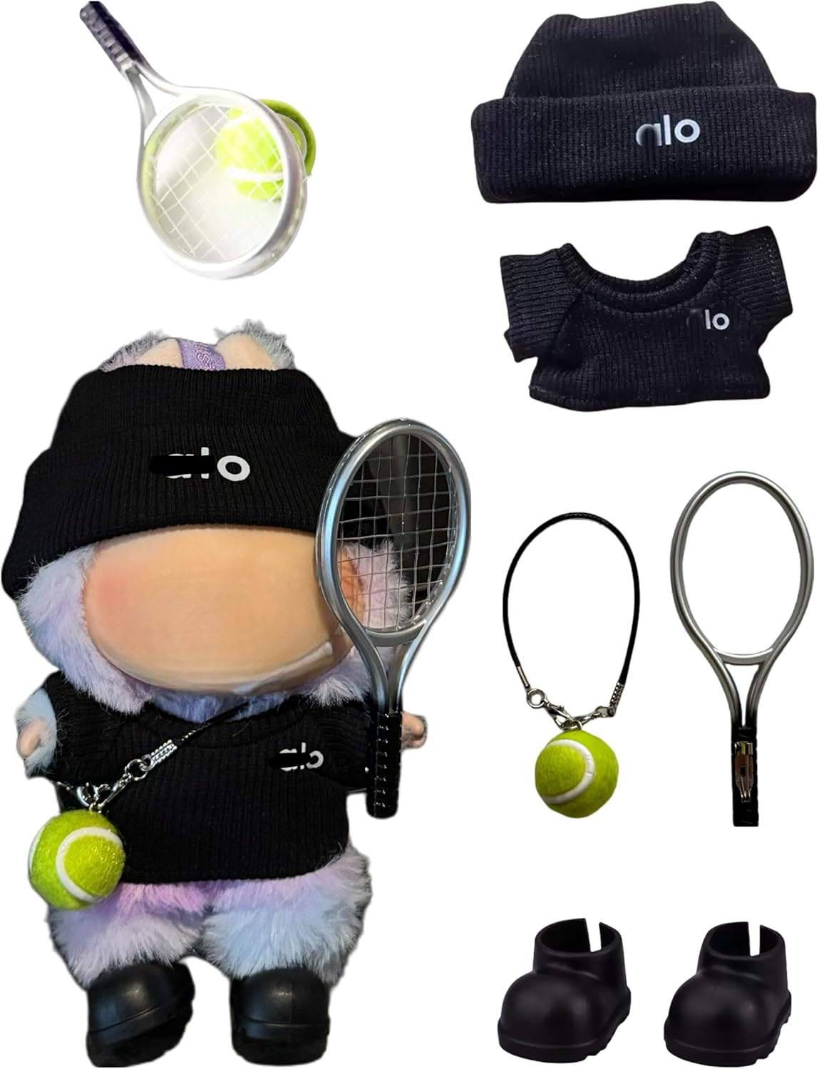17 Cm Doll Clothes，Clothing Accessories Compatible with 5.91-6.7 Inch Dolls，Sports Style Doll Set Outfits (5-Piece Set), Includes Top + Pants + Tennis Racket + Ball Charm + Shoes (White)