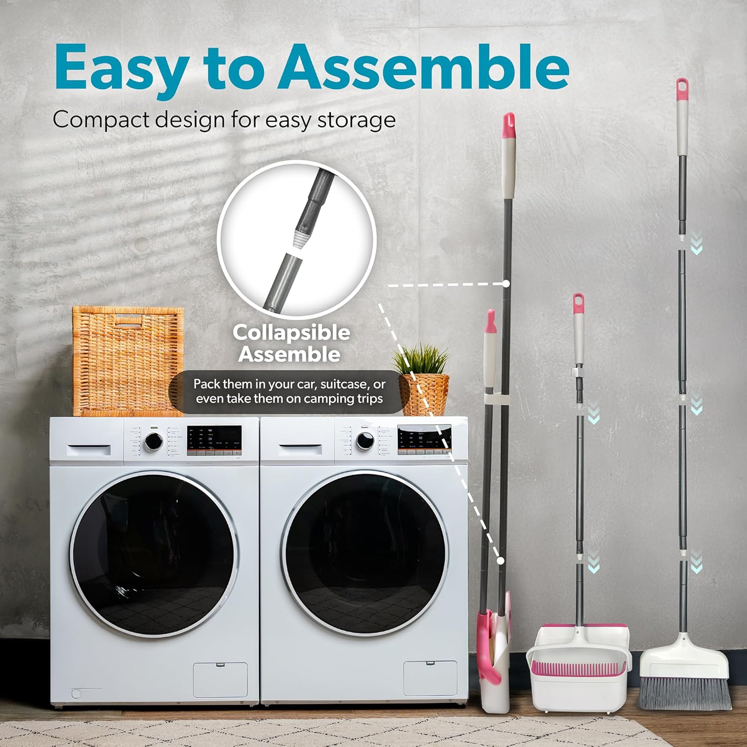 BLACK+DECKER Butler Broom & Dustpan Set - Stand-Up Design - Lightweight, Space-Saving Combo for Kitchen, Living Room, Bathroom, Lobby Floors - Home Cleaning Essential, White/Pink image number 2