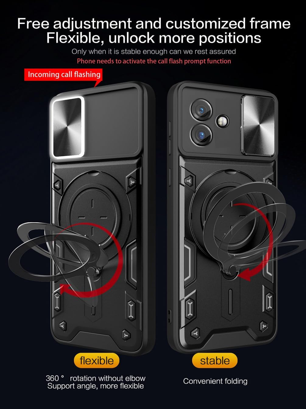 FORZARMOR for Oppo A60 5G/ A40 (6.67 Inch) Case Shockproof with Back Camera Slide Window Cover, Ring Kickstand Armor Military Rugged Cover (For A60 5G/A40 4G, Black) image number 1