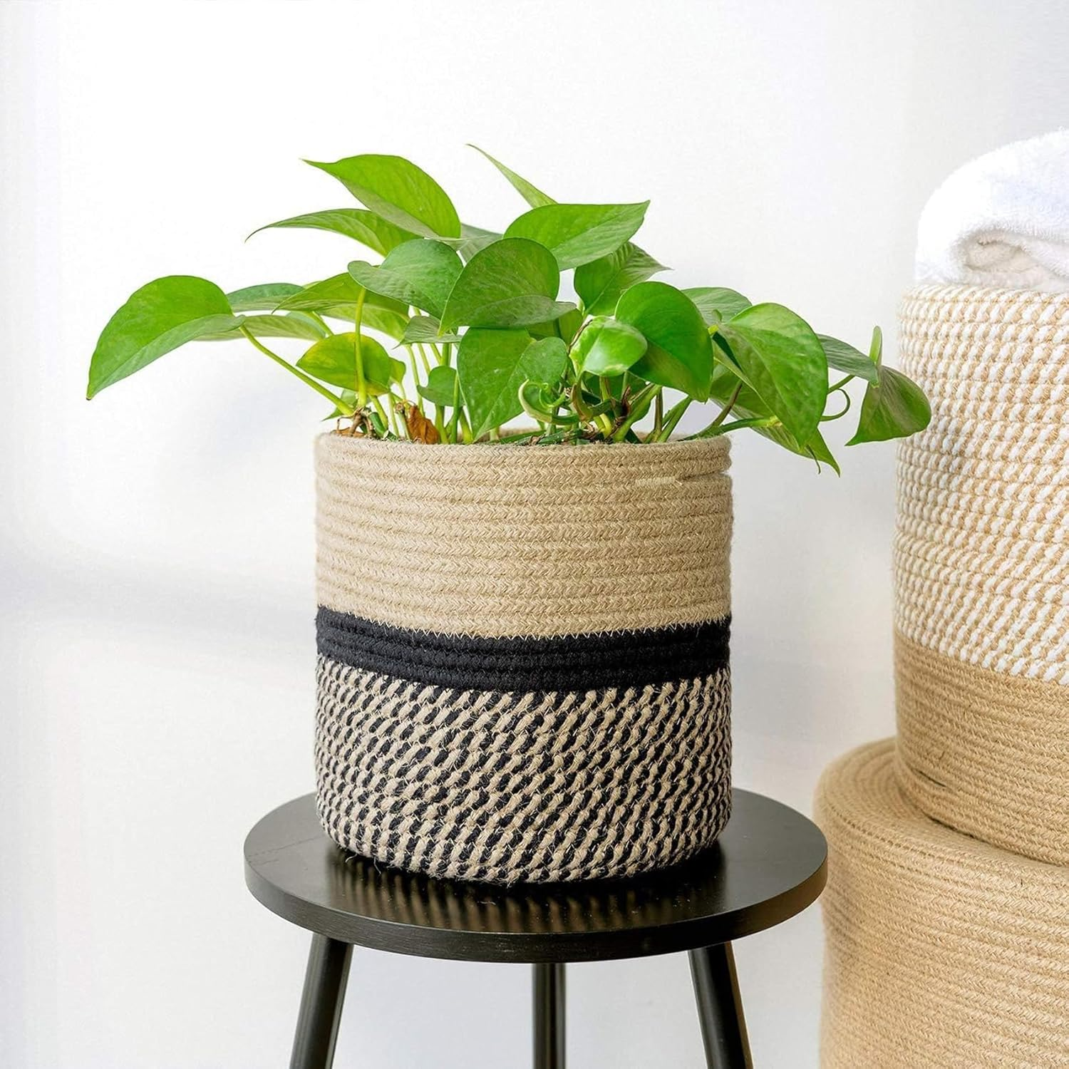 2Pcs Jute Cotton Rope Plant Basket, Woven Baskets for 27Cm Inch Flower Pot Home Decor, round Indoor Planters Storage Organizer, Brown Black 27 * 27 * 27Cm image number 3
