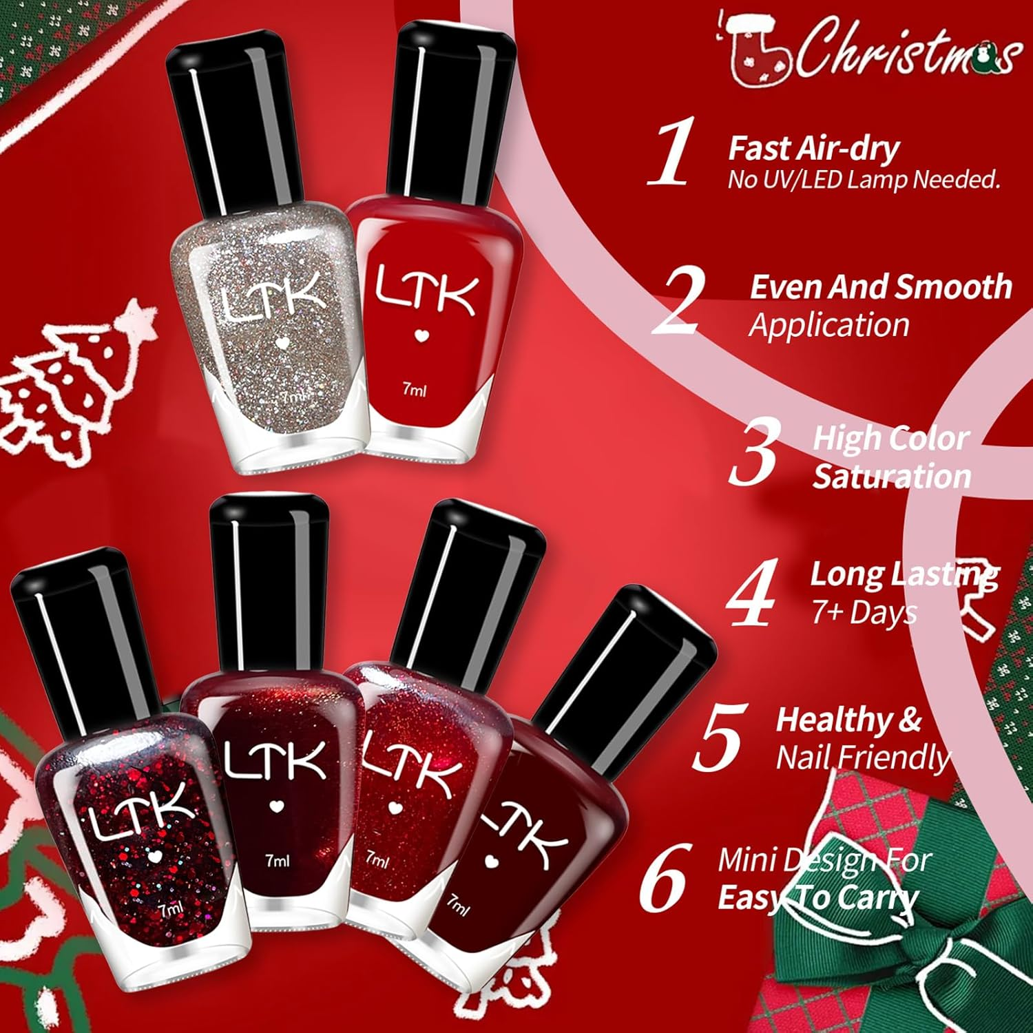 6-Piece Red Nail Polish Set - Gentle and Long-Lasting Water-Based Nail Polish - No UV Nail Polish for DIY Nail Art Manicure at Home, Vegan and Cruelty-Free, Regular Colour Polish (RED) image number 2