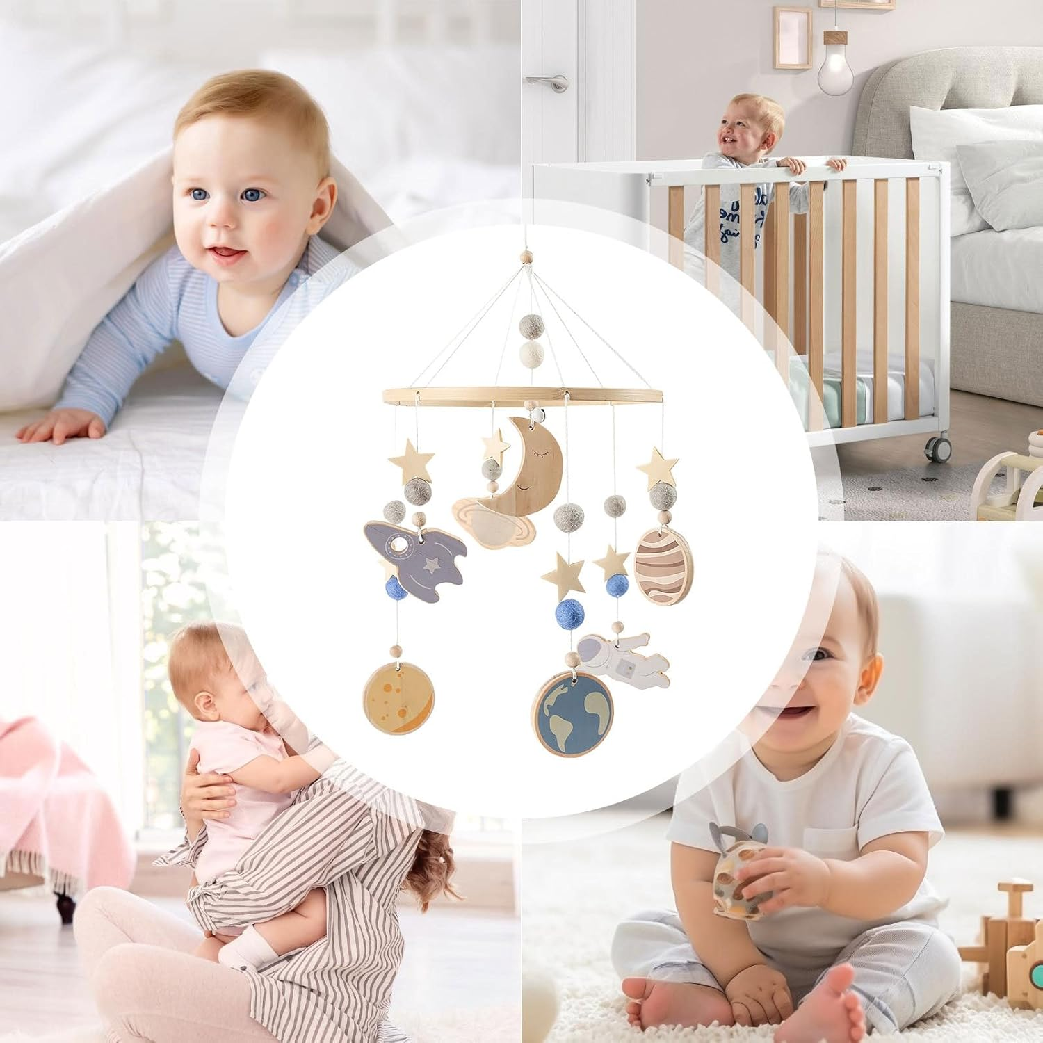 Baby Mobile for Crib | Kids Bedroom Wooden Decor,Rotating 360 Degree Rotating Spaceship Planet Pattern Soothing Crib Mobile for Visual Stimulation Sleep Play Travel Night Nursery image number 1