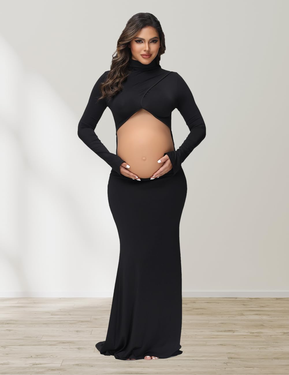 Justvh Women'S Maternity Crossover Mock Neck Photoshoot Dress Split Mermaid Maxi Photography Gown for Baby Shower image number 5