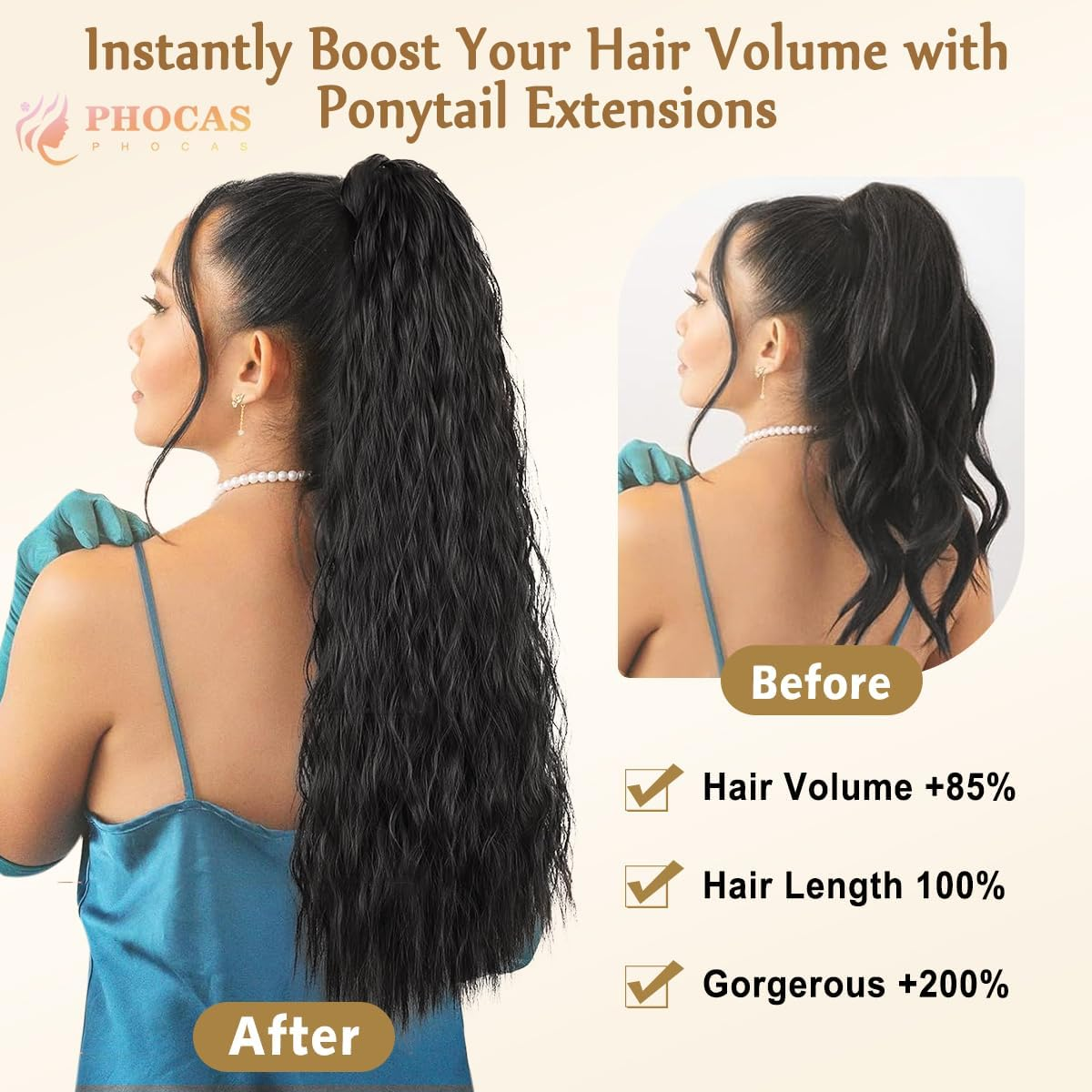 PHOCAS Drawstring Ponytail Extension,Long Wavy Ponytail Extension Black Synthetic Hairpiece Long Hair Extension for Women Daily Use (24Inch) image number 6