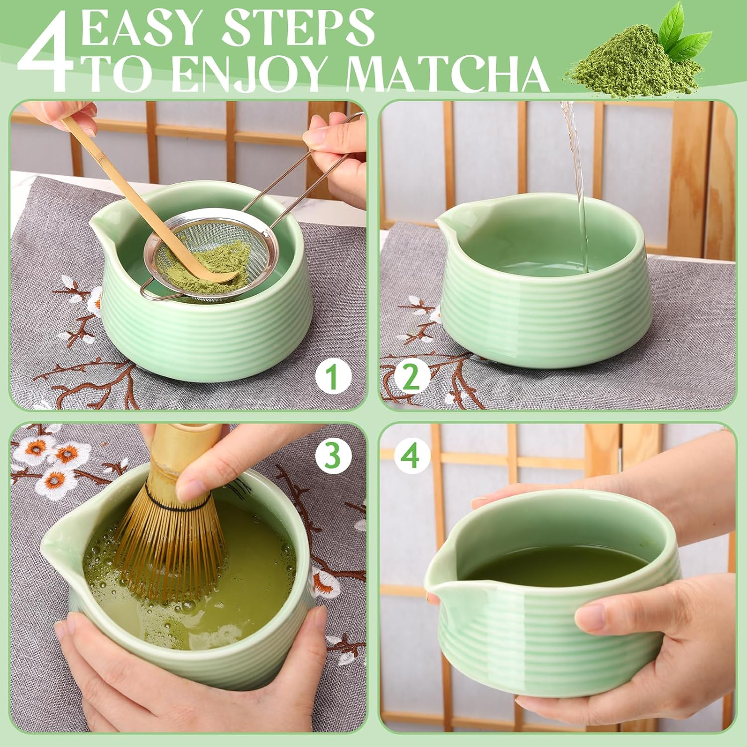 Matcha Whisk Set, Matcha Bowl with Spout, Matcha Whisk and Holder, Bamboo Matcha Scoop and Stainless Sifter - 5 Pcs Jade Green Matcha Kit for Matcha Lover image number 4