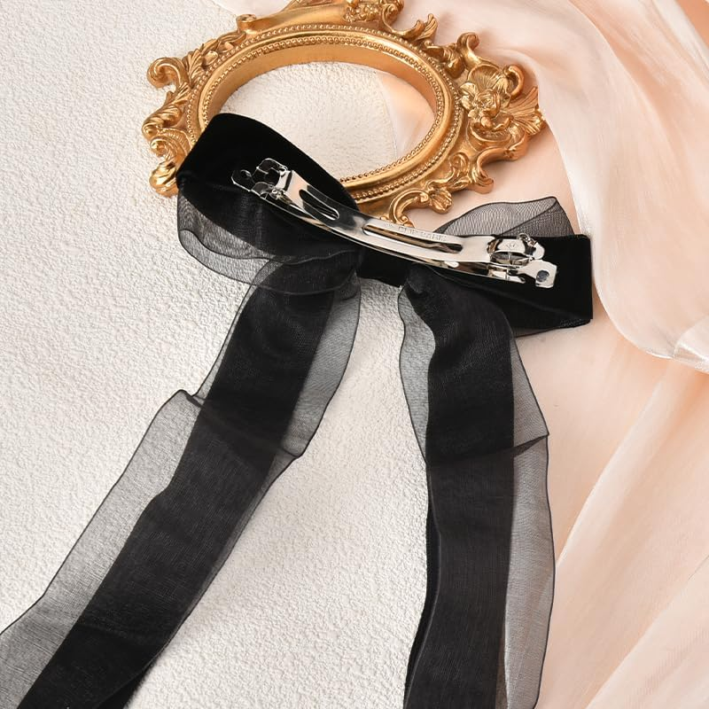 Bow Clips Black Ribbons for Women Girls Mesh Velvet Bows Hair Accessories Ribbon Bowknot Barrettes Long French Clip image number 3