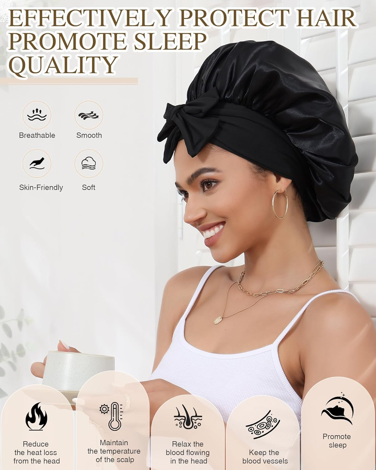 Silk Bonnet for Sleeping 100% Mulberry Women Double Layer Silk Sleep Cap with Adjustable Elastic Band Silk Hair Wrap - Champagne+Off-White image number 7
