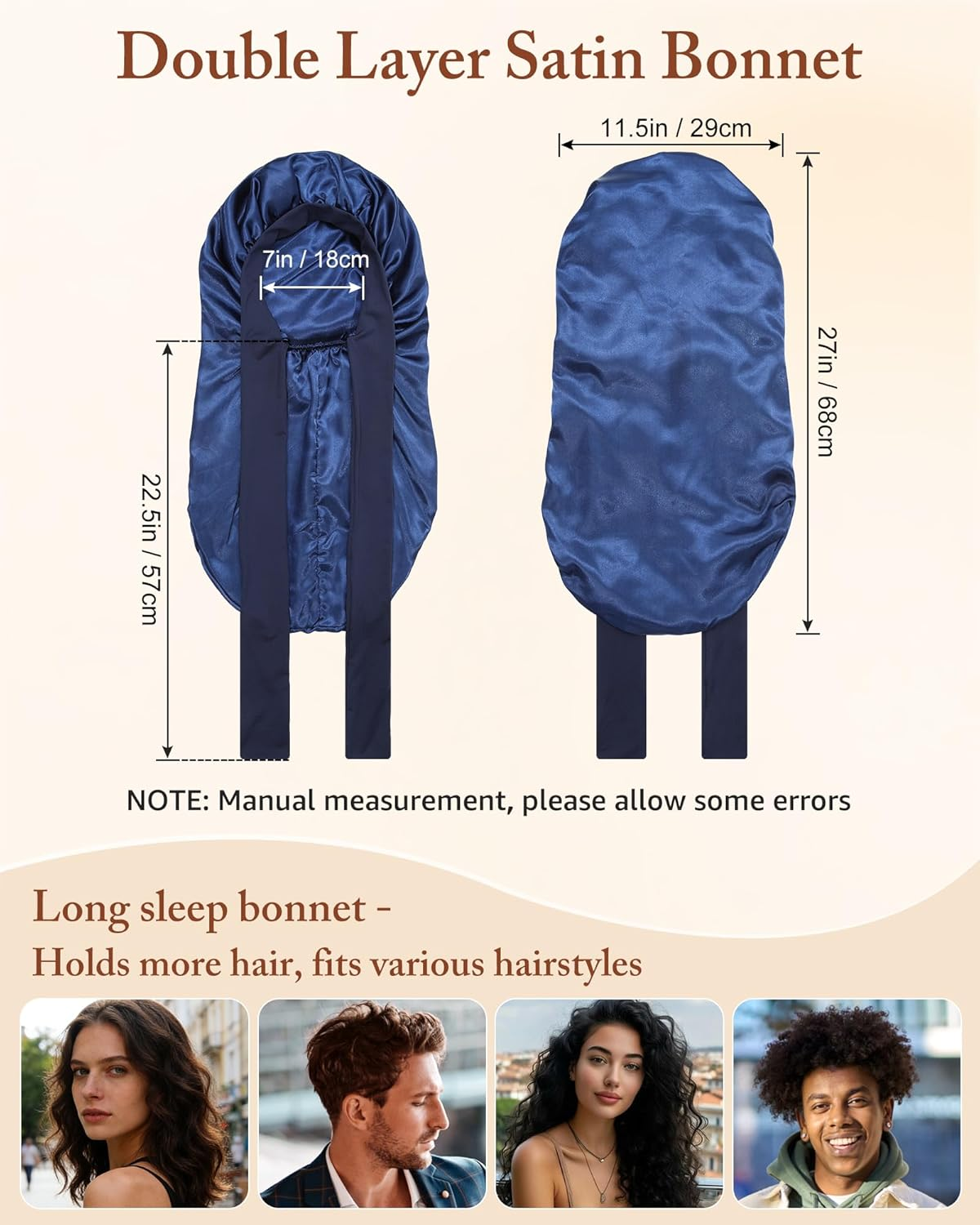 AWAYTR Long Satin Bonnet for Women - Double Layer Elastic Silk Bonnet for Braids Hair Sleeping Cap with Tie Band