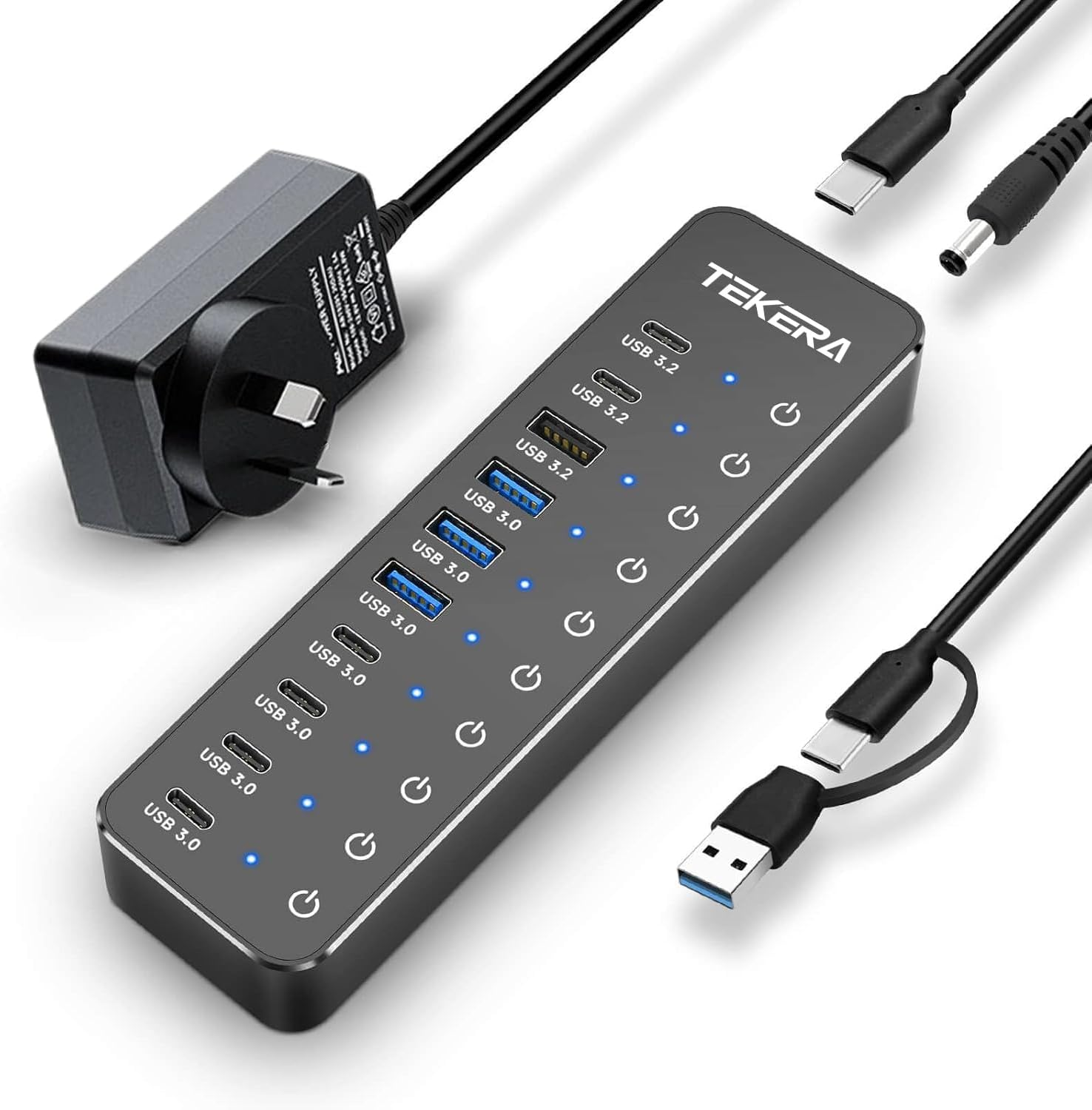 10 Ports Powered USB 3.2/USB C Hub Splitter 60W with 3 X 10Gbps USB 3.2 Ports (2C + 1A),7 X USB 3.0 Ports (4C +3A), 3.3Ft Cable and Individual Touch Switches for Laptop PC image number 4