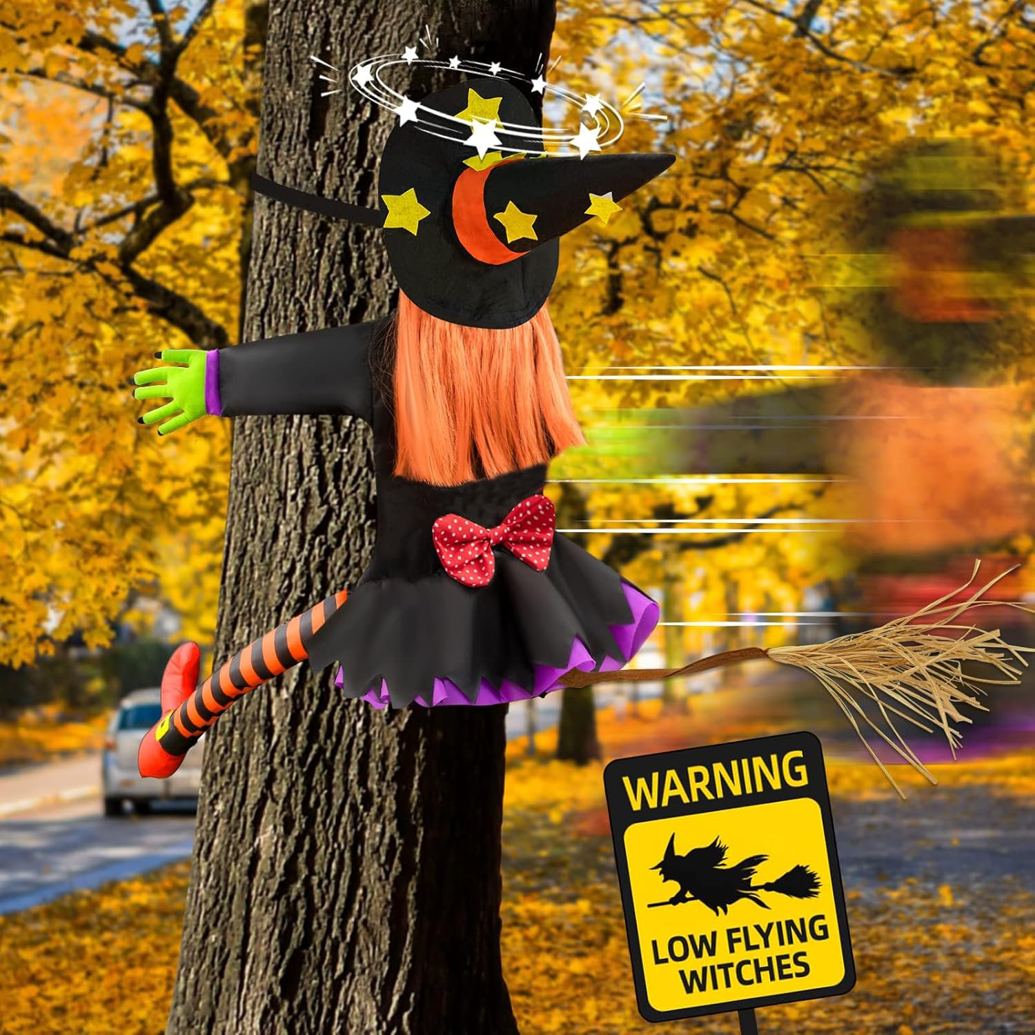 40Inch Crashing Witch Halloween Outdoor Decorations, Funny Witch Flying into Tree, Flying Witches with Adjustable Band, Hanging Props Ornaments for Yard, Porch, Patio Halloween Outdoor Decor
