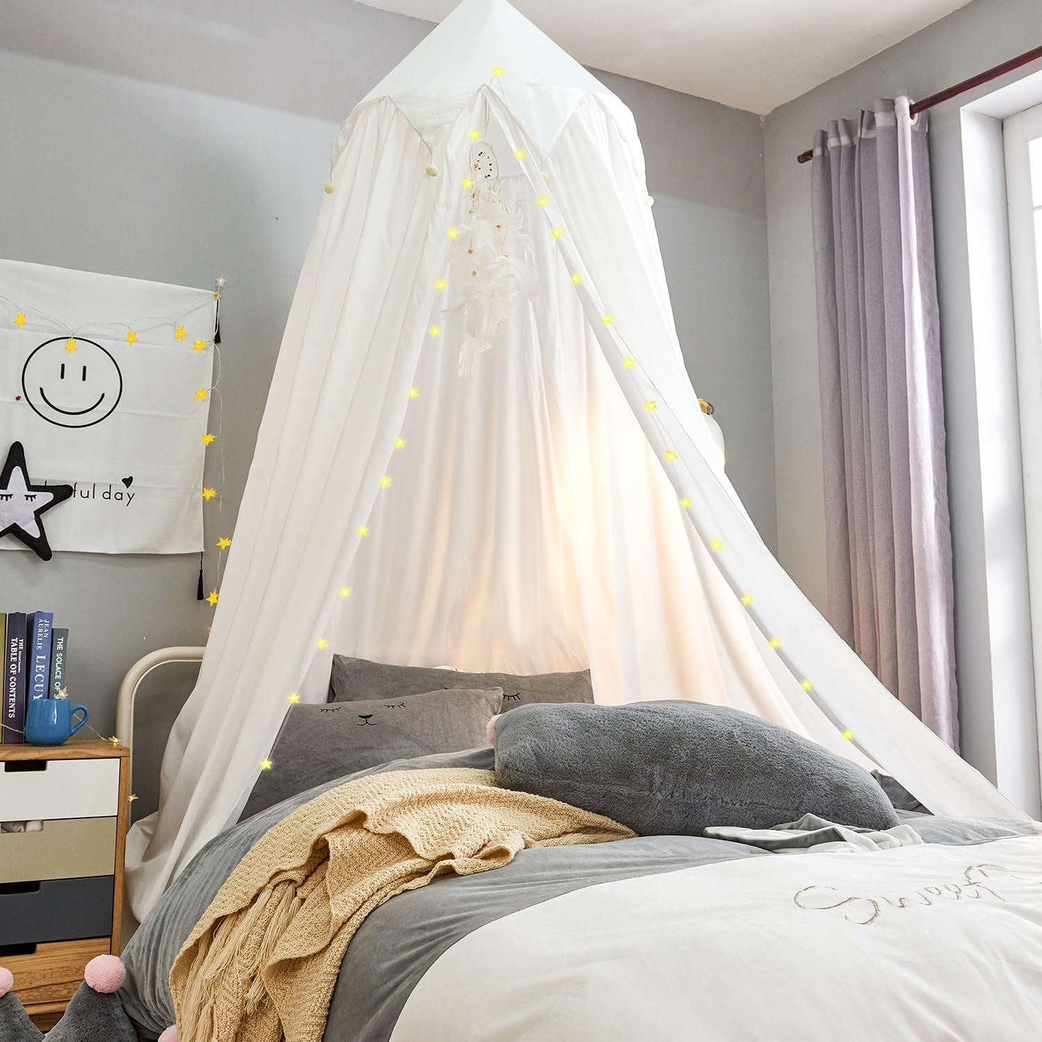 Bed Canopy Kids with Pom Pom, Cotton Princess Canopy with String Light for Girls Child Mosquito Net Cover Canopies Baby Crib Curtain Reading Nook Hanging Tent Nursery Play Game Castle Room Decoration - White image number 2