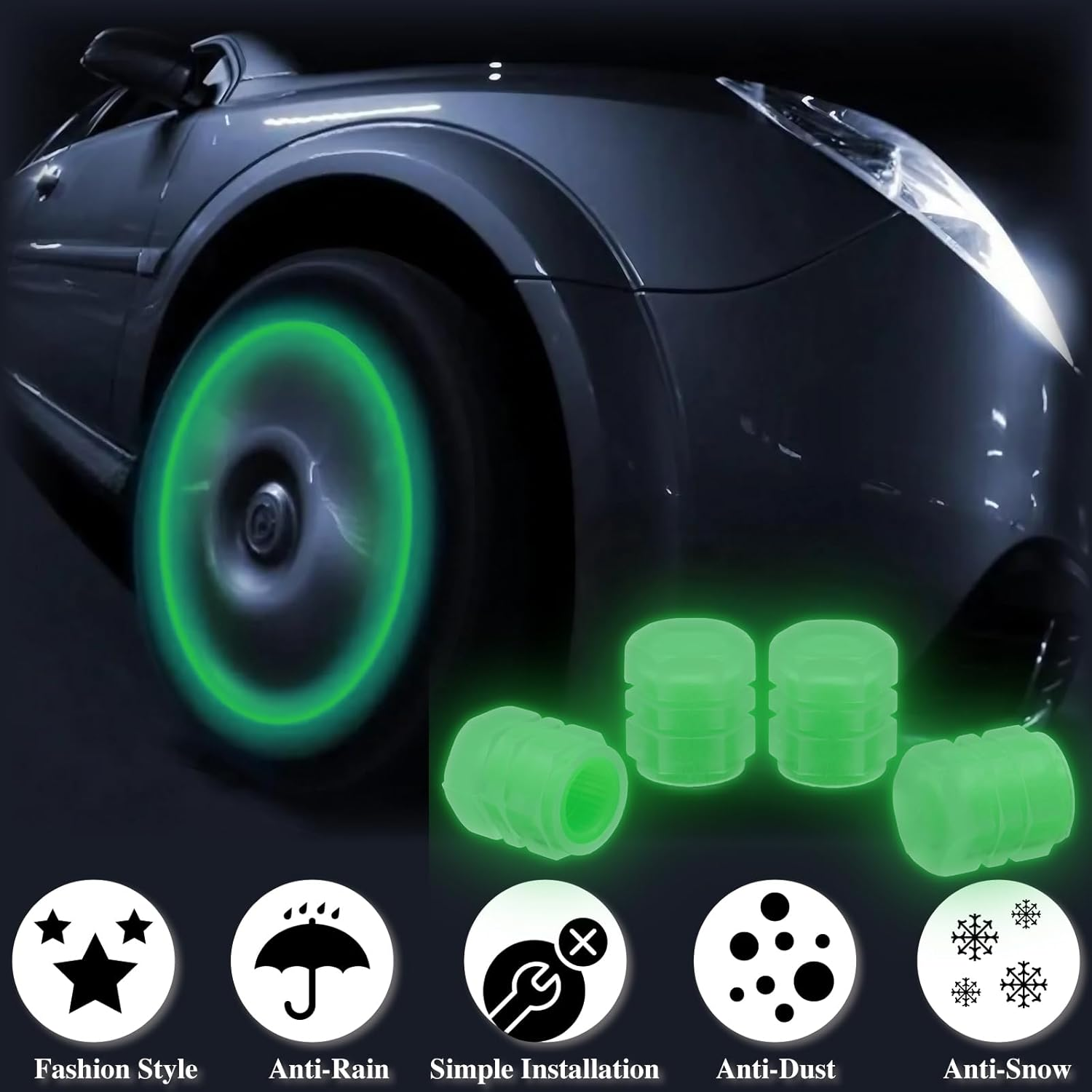 8PCS Fluorescent Tire Valve Stem Caps, Luminous Car Tire Air Cap, Corrosion Resistant Leak-Proof Wheel Valve Cover, Universal for Cars, Trucks, Bikes, Motorcycles, Bicycles(Green) image number 4