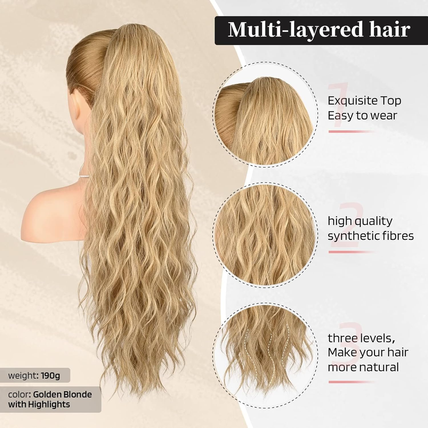 Ponytail Extension, 26 Inch Drawstring Ponytail Hair Extensions for Women,Long Curly Wavy Ponytail Natural Synthetic Hairpiece for Women (26&rdquo;Golden Blonde with Highlights) image number 3