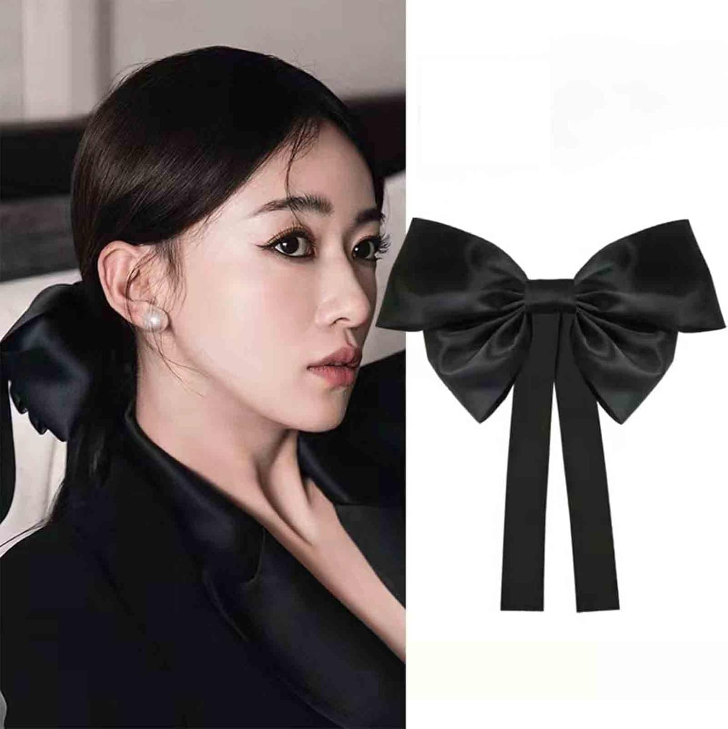 Yheakne Silk Bow Ponytail Holder Black Hair Tail Clip Vintage Long Tail Hair Bow Headpieces Bow French Barrette Headwear Ponytail Hair Accessories for Women and Girls Gifts (Long Bow) image number 2