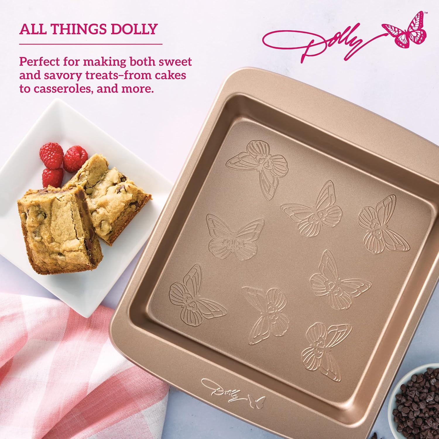 Dolly Parton Butterfly Stamp Square Cake Pan &ndash; Carbon Steel Nonstick Bakeware with Textured Butterfly Design, Durable Rolled Rim, Oven Safe to 450F, Perfect for Cakes, Cheesecakes and Savory Bakes image number 1
