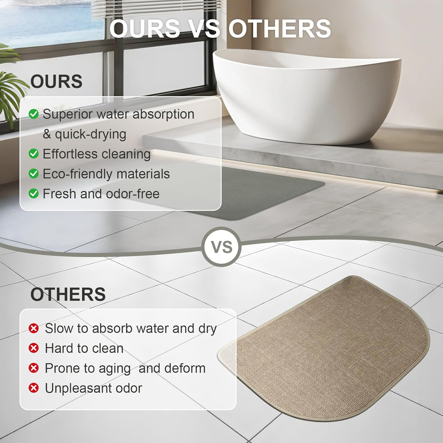 Natureva Home - Stone Bath Mat | Super Absorbent, Quick Dry, Non Slip | Modern Diatomite Bathroom Mats | Made of Natural Diatomaceous Earth (Light Gray, 60 * 40CM, Flat) (Flat) image number 1