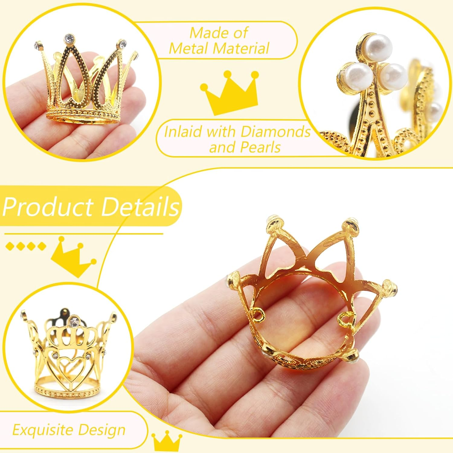 Benvo 40 Pcs Gold Crown Cake Topper Pearl Rhinestone Mini Crowns Small Diamond Tiaras for Flower Bouquet Cupcake Centerpieces Decoration of Girl Lady Bridal Wedding Birthday Party, 4 Crown Designs image number 3