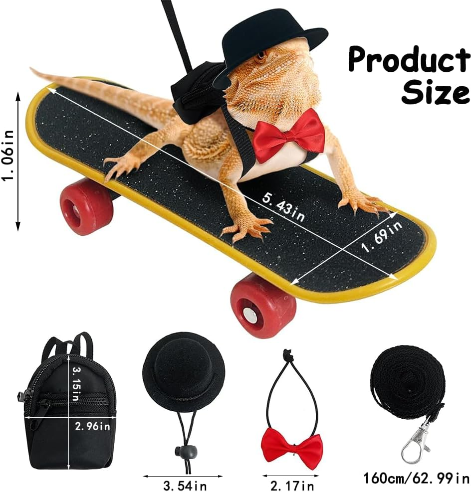 5 Pack Bearded Dragon Harness Set,With Adjustable Backpack Hat Bow Tie & Mini Skateboard Toy,Reptile Adventure Kit for Outdoor Adventures Lizard Reptile Care image number 4