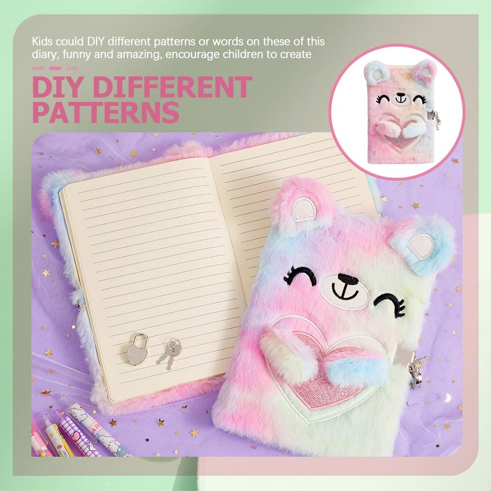 Gadpiparty Notebook with Lock Fluffy Diary Kids Journals for Girls Kawaii Notepad Lockable Notepad Diary with Lock Handbook Notebooks for Girls Cute Notepad Plush Plain Paper Hairy Student image number 2