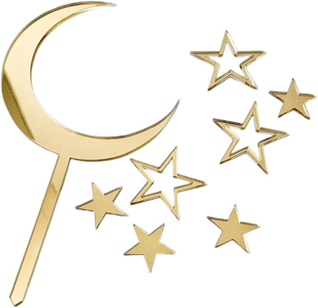 Moon Star Cake Toppers, Acrylic Glitter Gold Decoration for Baby Shower, Wedding, Birthday Party, Mirror Gold Finish, Star and Moon Design - Ermaoo image number 1