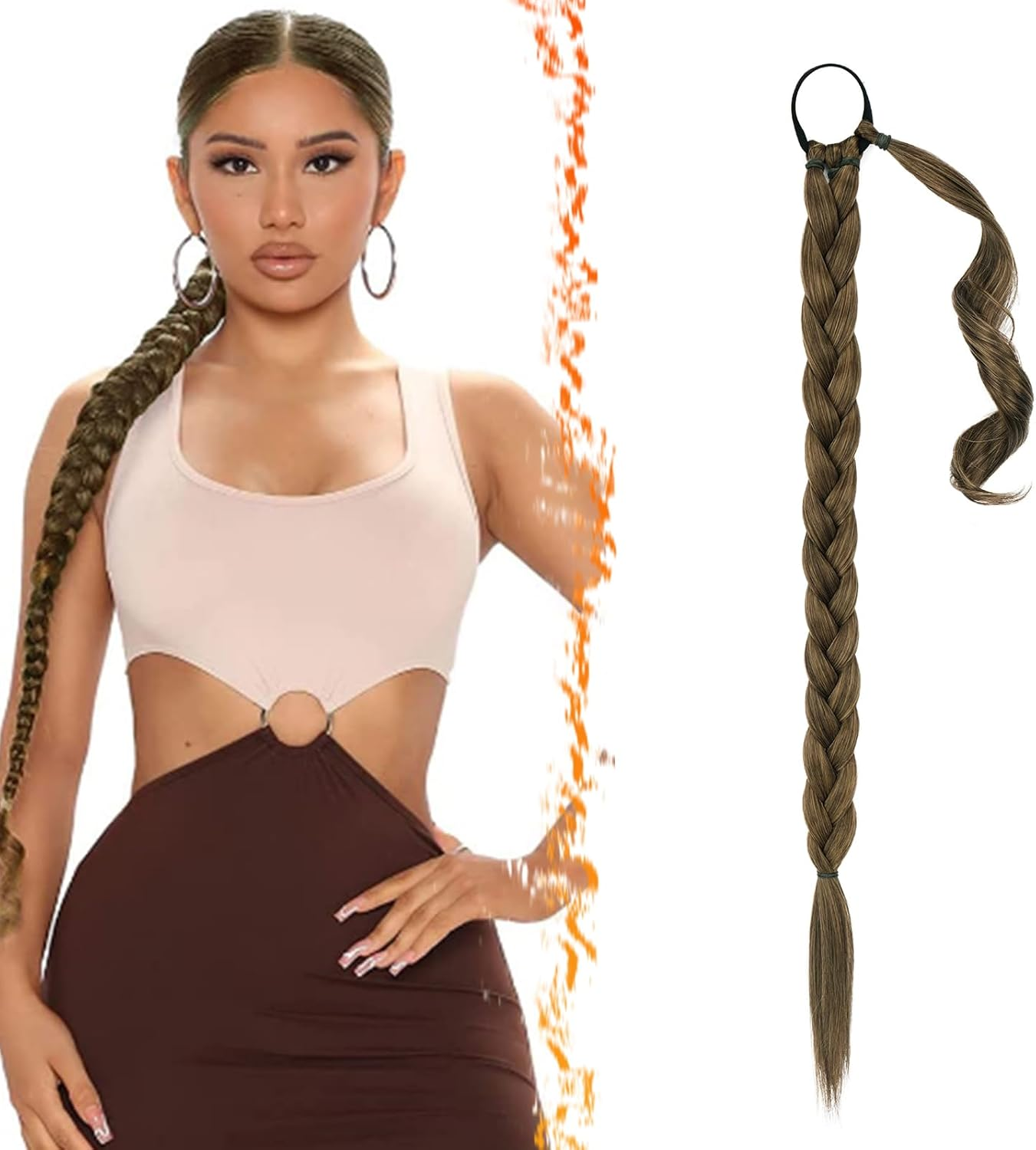 BARSDAR 66 Cm Long Braided Ponytail Extension Elastic Band, Straight Wrapped Braid, Hair Extensions, Ponytail, DIY, Natural, Soft, Synthetic Hairpiece for Women