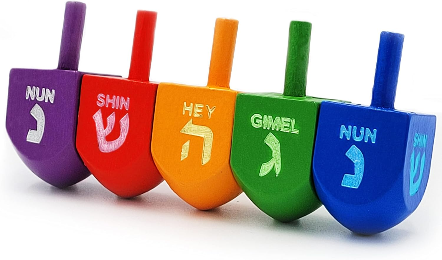 The Dreidel Company Wood Multi-Colored Dreidels Medium Sized Hanukkah Draydels with English Transliteration (10-Pack) image number 1