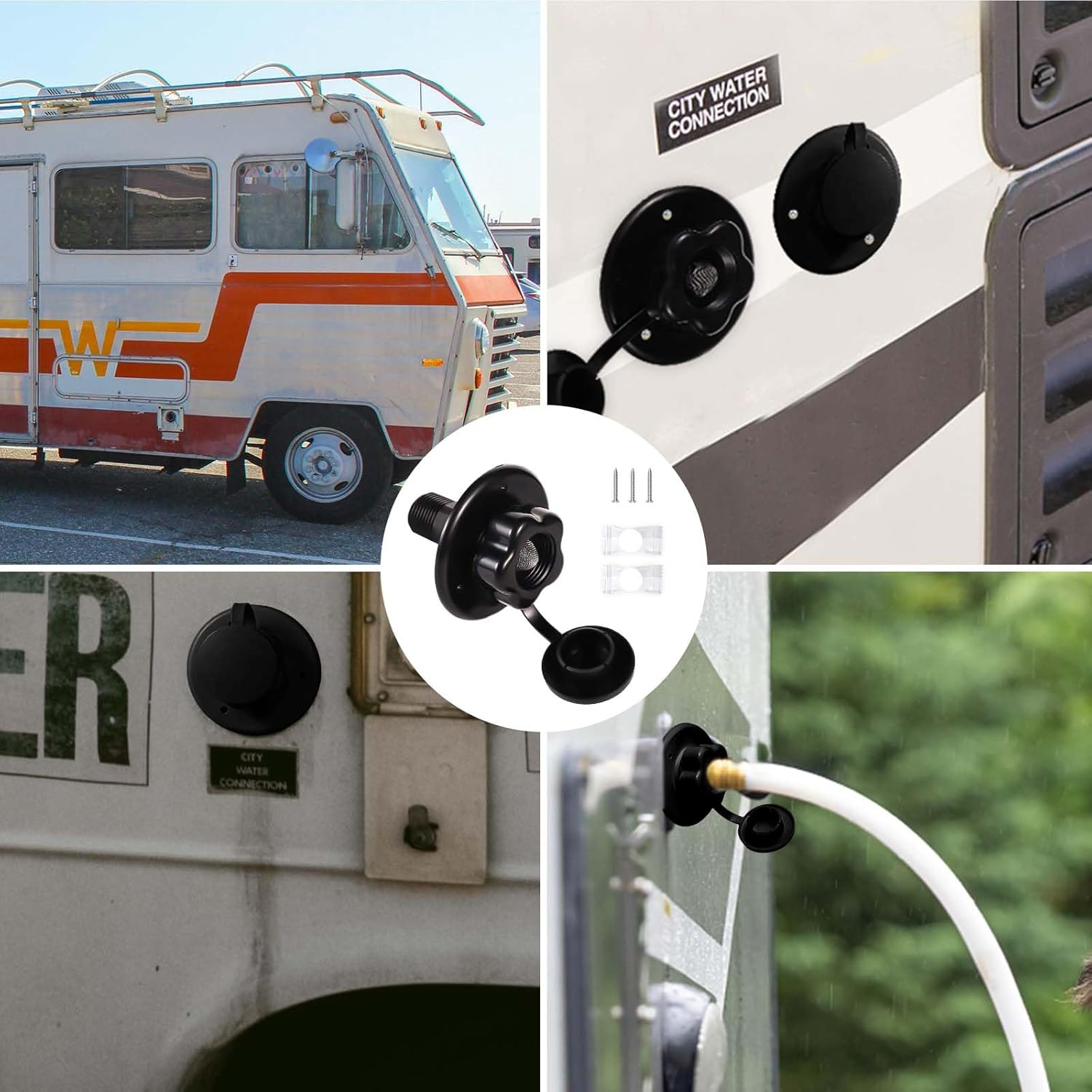 SAVITA RV Water Inlet with Check Valve, Brass Threaded Pipe RV Water Hookup Inlet RV Water Inlet Connection Camper Water Hookup Connector RV City Water Fill Inlet Flange for Camper Van RV (Black)