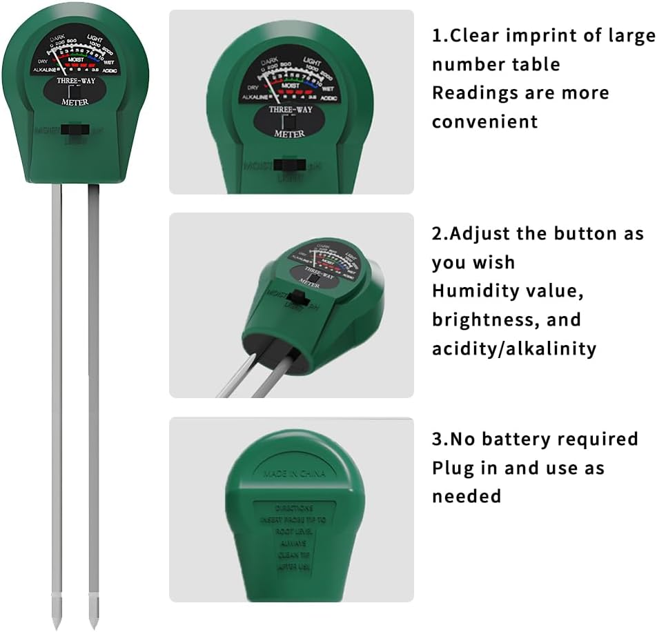 QUMOX Soil PH Meter, 3-In-1 Soil Moisture/Light/Ph Tester Gardening Tool Kits for Plant Care, Great for Garden, Lawn, Farm, Indoor & Outdoor Use (Green) image number 2