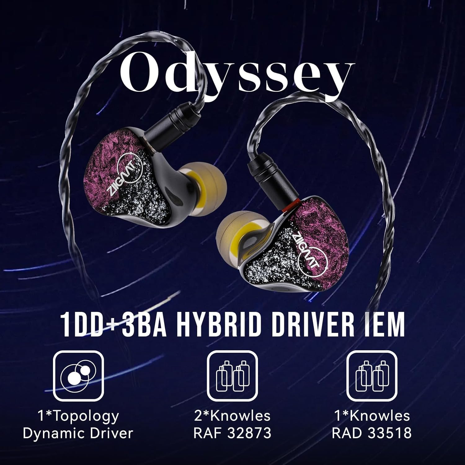 Linsoul Ziigaat Odyssey In&ndash;Ear Monitor, 1DD+3BA Hybrid IEM Earphone, Wired Gaming Earbuds, Professional Sound Isolating Inner-Ear Monitors with Detachable IEM Cable for Bass-Lovers Musician Audiophile image number 3