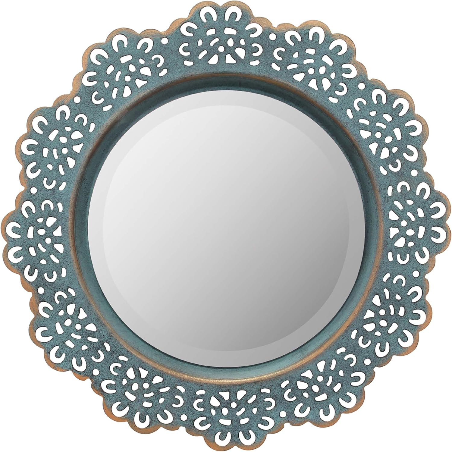 Stonebriar Decorative 12.5" round Turquoise Metal Lace Wall Mirror with Attached Hanger, Country Rustic Decor for the Living Room, Bedroom, Bathroom, Hallway, and Entryway