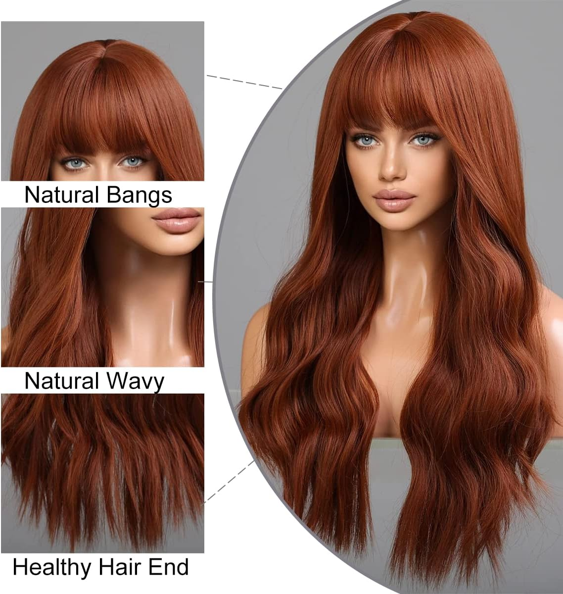 Long Wavy Red Brown Wig Copper Ginger Long Hair Micro Volume Wigs with Natural Wave with Fringe, Natural Looking Synthetic Wig for Daily/Party/Role Play 66 Cm image number 5
