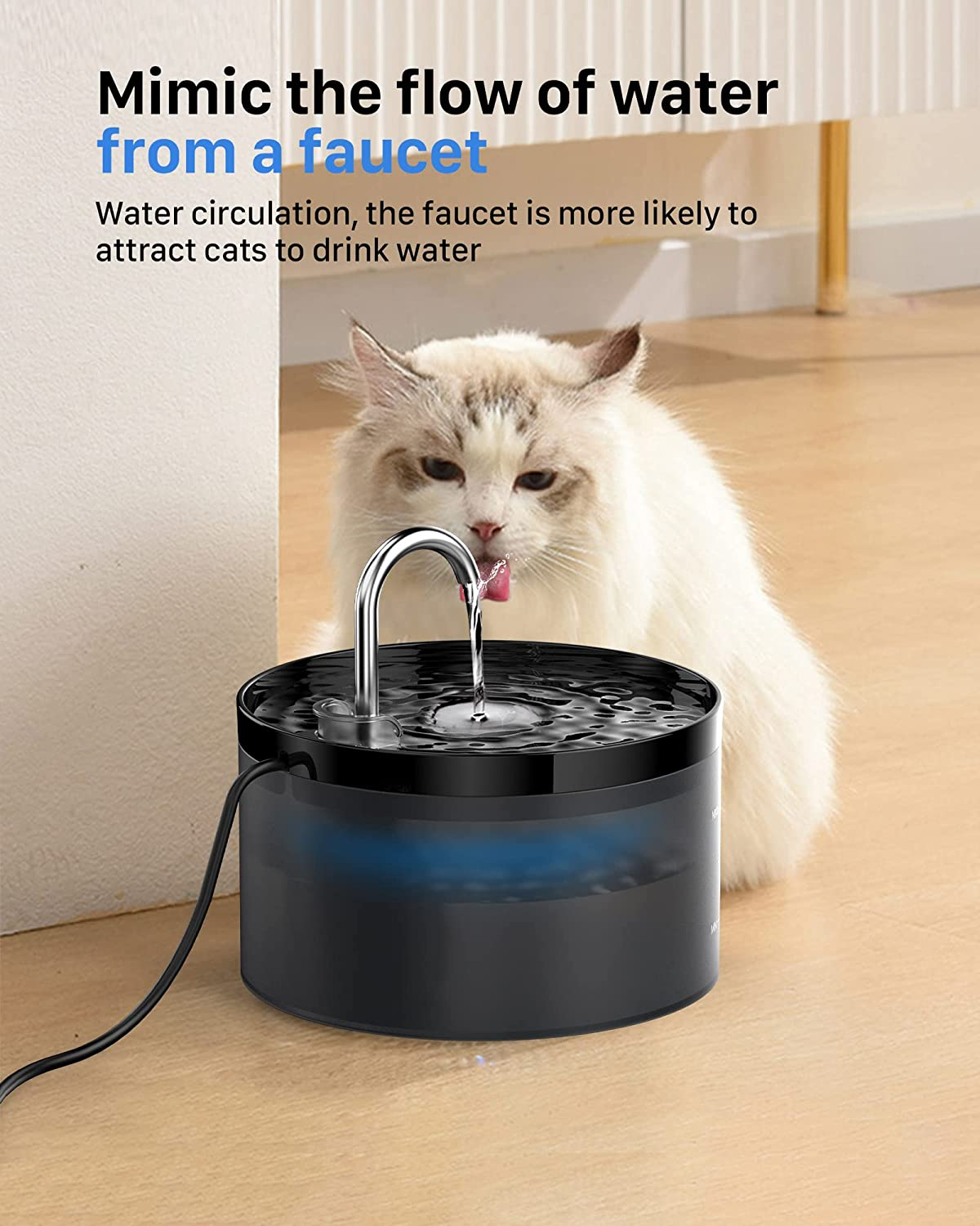 Cat Fountain, Super Silent Cats, GIOTOHUN 2L Drinking Fountain, Built-In LED Light, Activated Carbon Filter, Intelligent Pump, Transparent Water Tank, Two Water Flow Patterns, Black image number 3