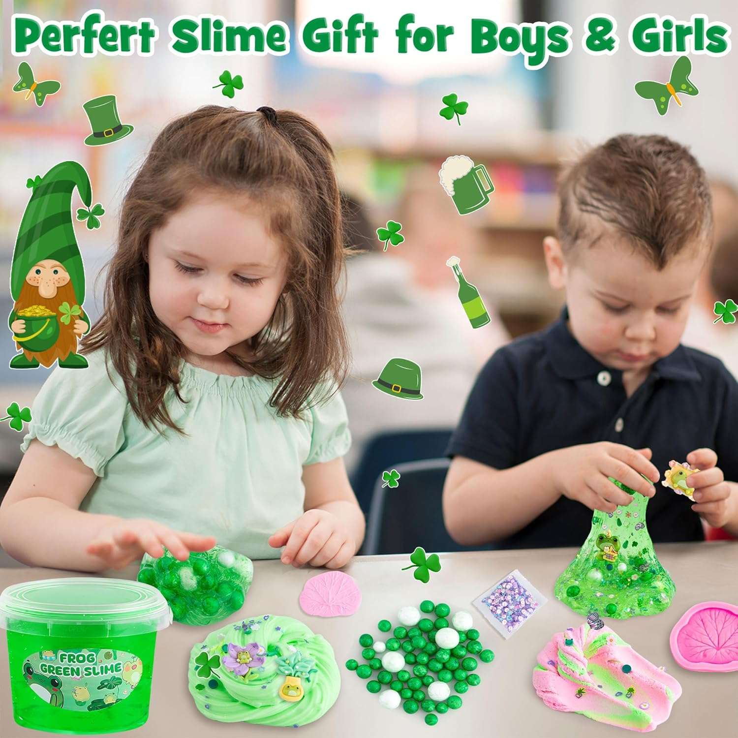 Frog Clear Slime 300Ml, Green Clear Slime Kit for Girls Ages 8-12 with 8 Packs Slime Add-Ins, Slime for Kids Party Favors, Non Stick Slime with Clay, Halloween St. Patrick'S Day - Frosch image number 3