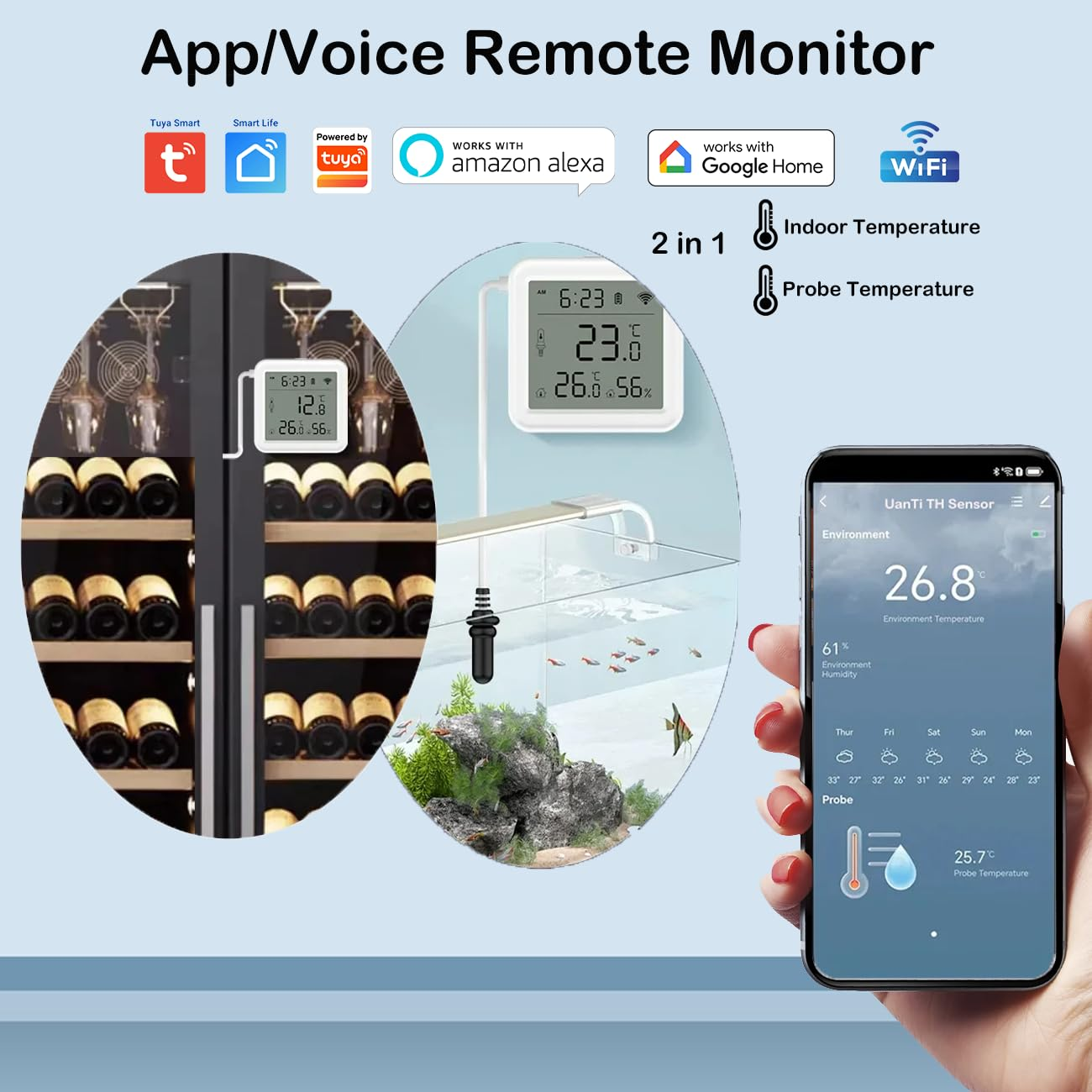 Uantii Smart Temperature Humidity Sensor with 1M External Probe Tuya Wifi Thermometer Temperature Sensor for Aquarium Water Tank,App and Voice Monitor,Compatible with Alexa and Google Assistant image number 1