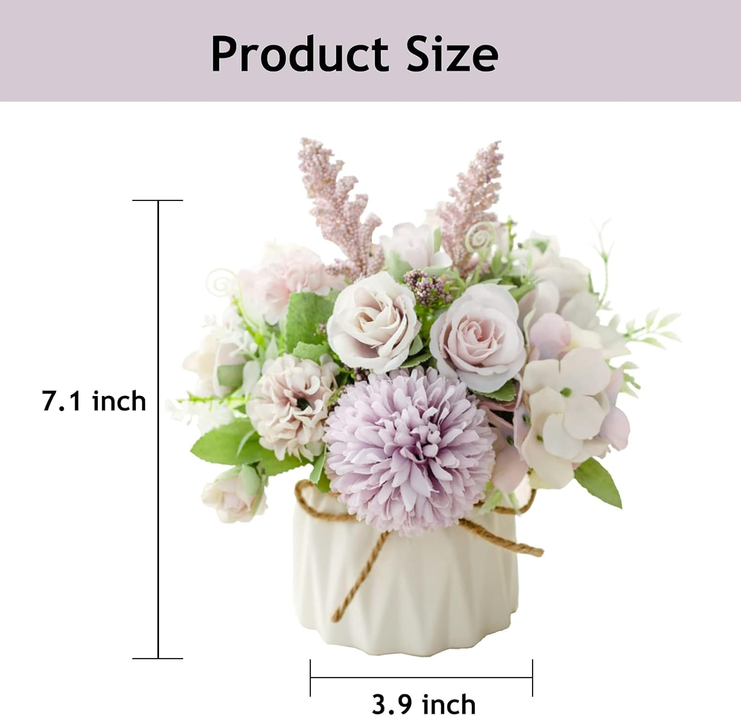 Hbluefat Fake Flowers in Vase, Small Artificial Silk Flowers with Ceramic Vase, Faux Flower Hydrangea Arrangement for Home Office, Coffee Dining Table Centerpiece Decor (Purple)