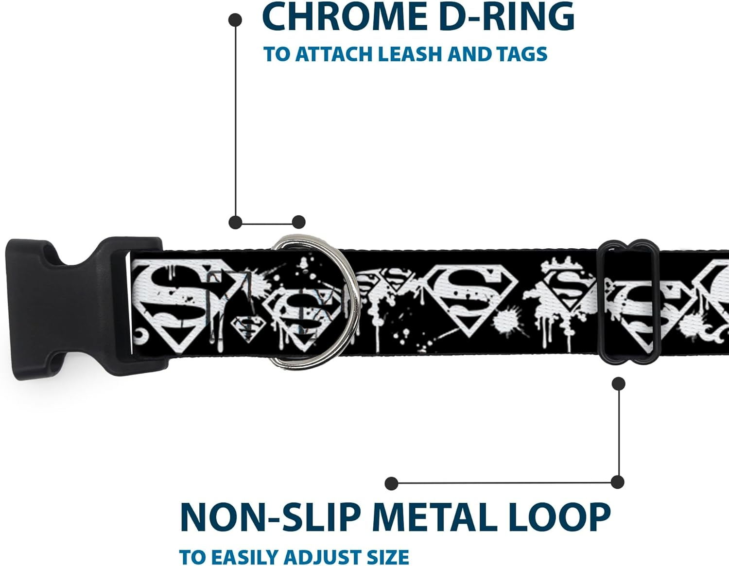 Buckle-Down Plastic Clip Dog Collar, Superman Shield Splatter Black/White, 18 to 32 Neck Size X 1.5 Inch Width image number 6