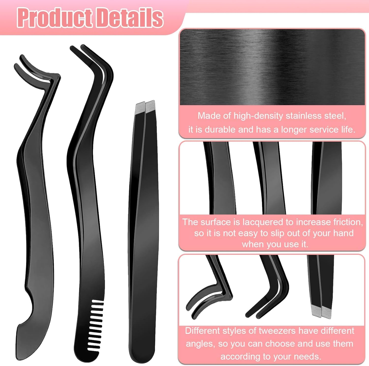 Eyelash Applicator Tool, 3 Pcs Stainless Steel Lash Tweezers, Lash Applicator Tool for Girls, Women, Makeup Artists (Black) image number 1